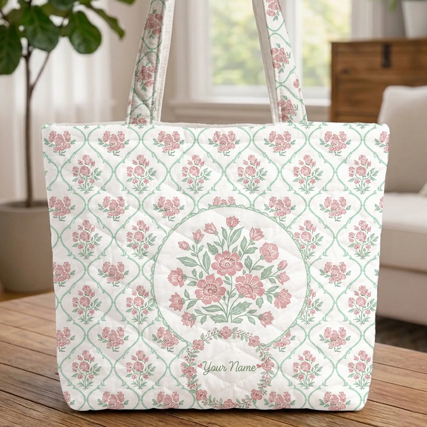 Pink Floral Sprigs Diamond Trellis Bouquet - Everyday Carryall Present for Women Quilted Tote Bag - 1