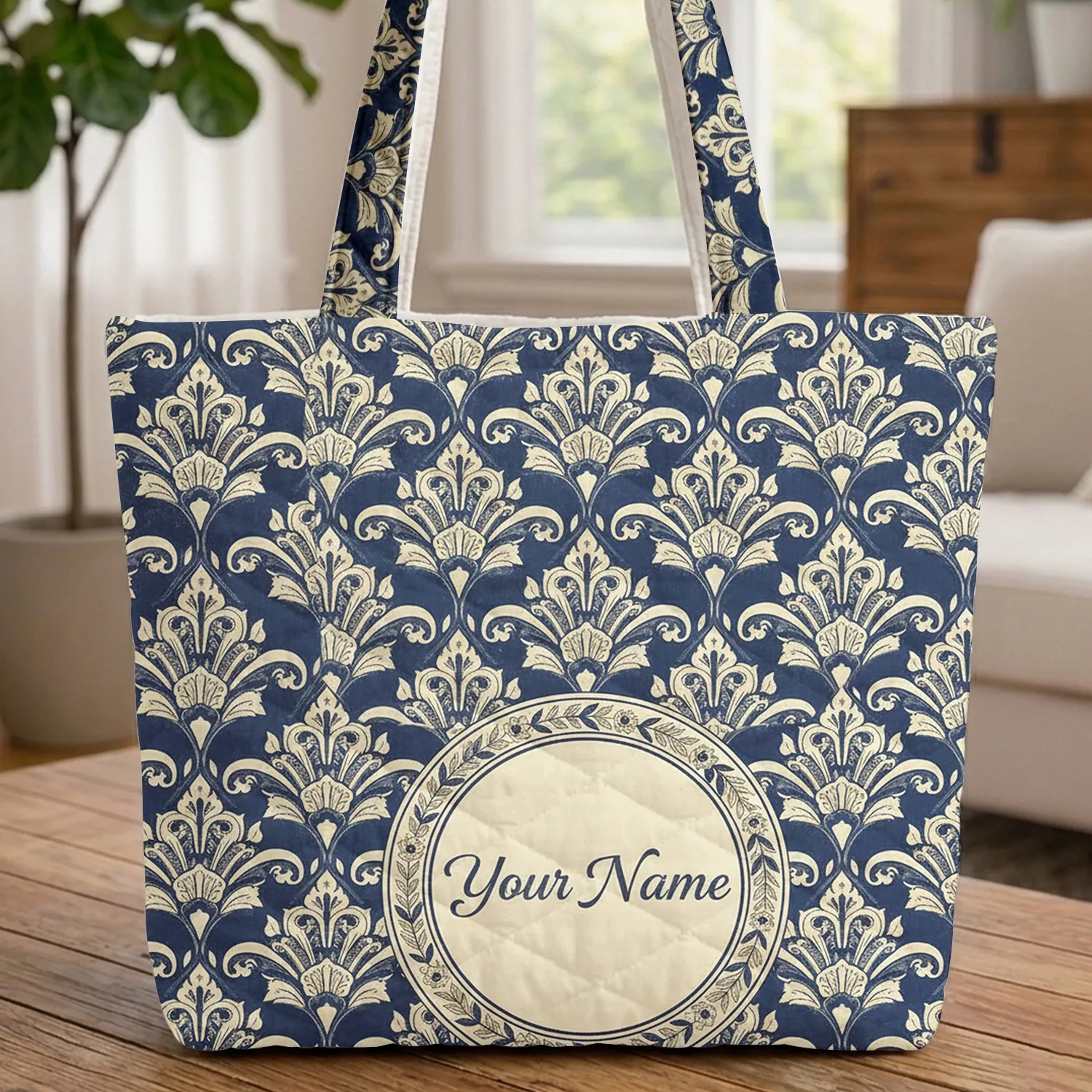 Indian Fan Leaf Damask Floral Medallion Personalized Gift Quilted Tote Bag - 1