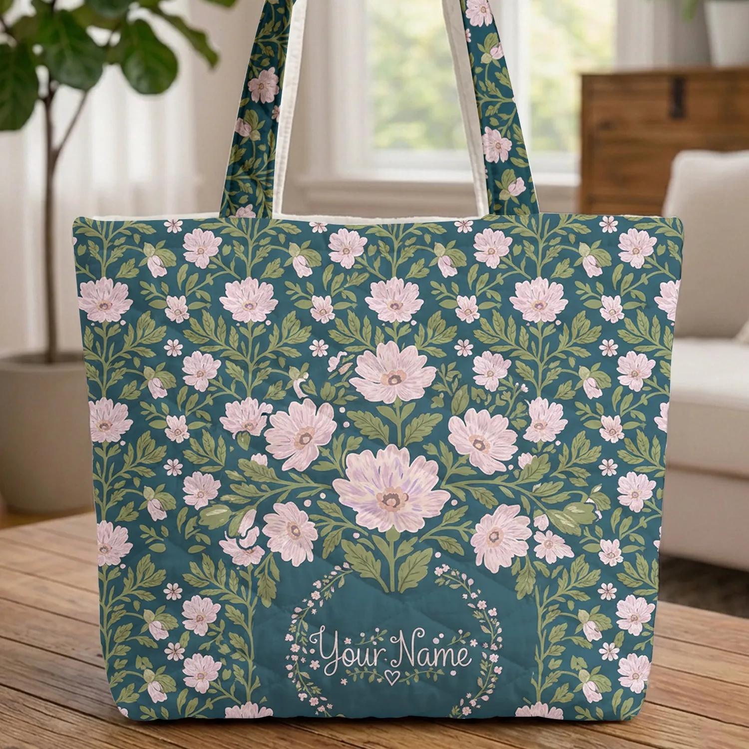 Pink Lavender Flower Vine Floral Bouquet Personalized Name - Everyday Tote Gift Quilted Tote Bag - 1