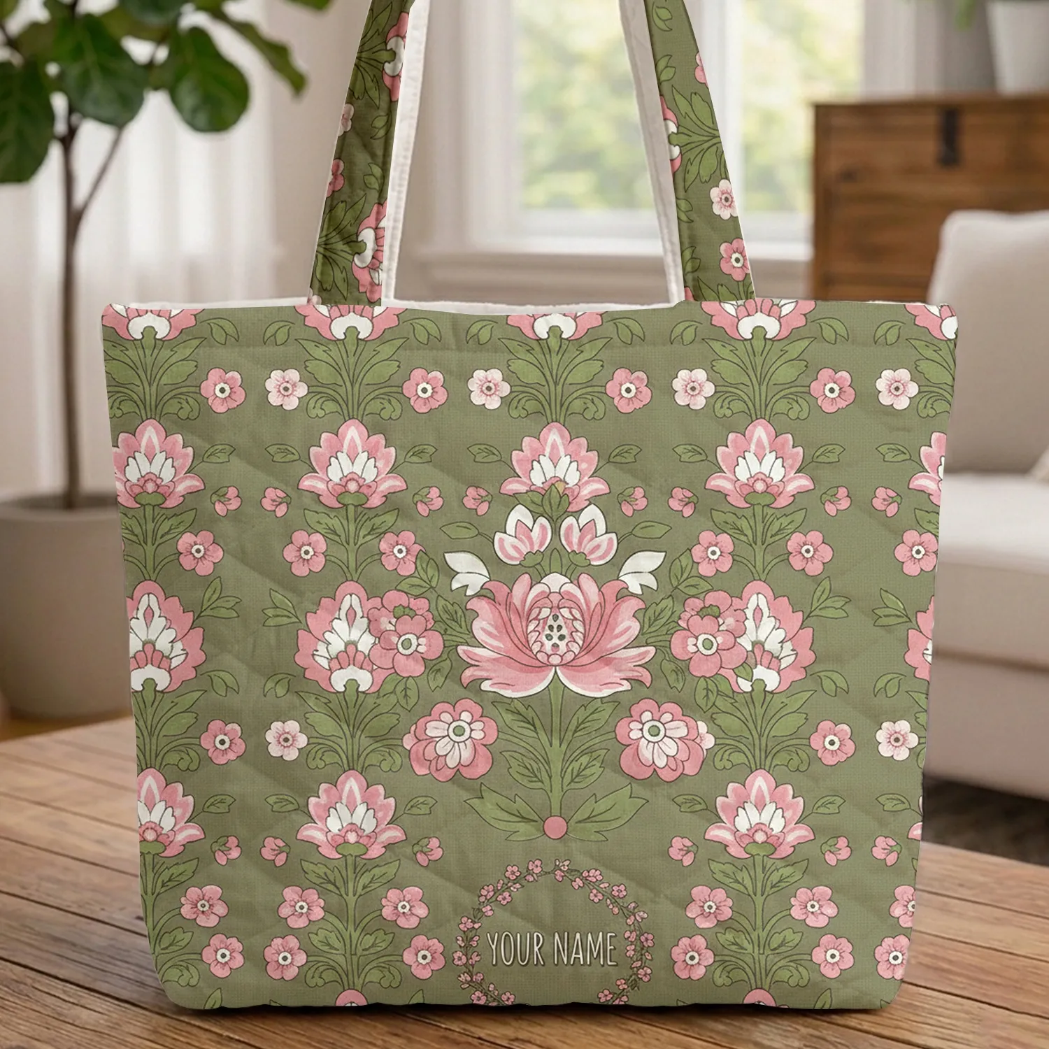 Pink White Floral Wreath Bouquet - Everyday Tote Flower Lover Gift Quilted Tote Bag - 1