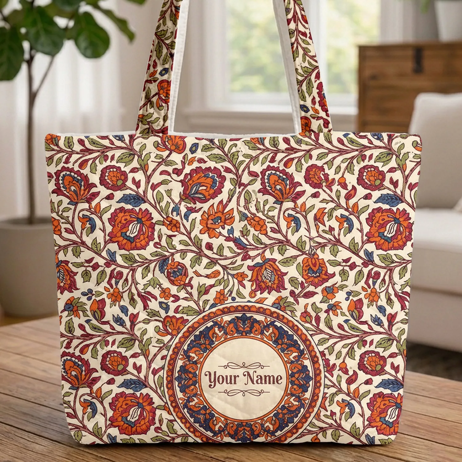 Boho Floral Vines Leaves Berries Circular - Everyday Carry Travel Essential Quilted Tote Bag - 1