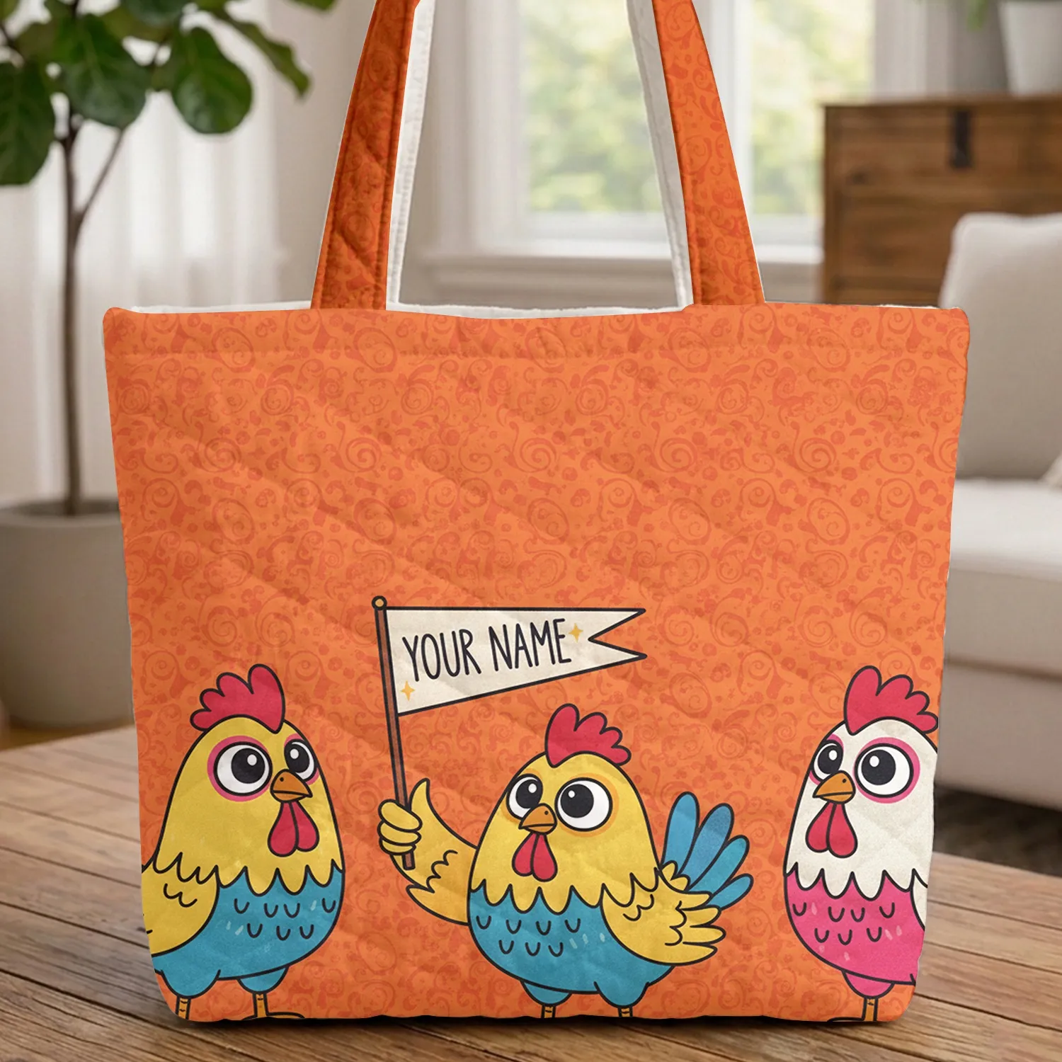 Colorful Chickens Name Pennant Farmhouse Decor Gift for Chicken Lover Quilted Tote Bag - 1