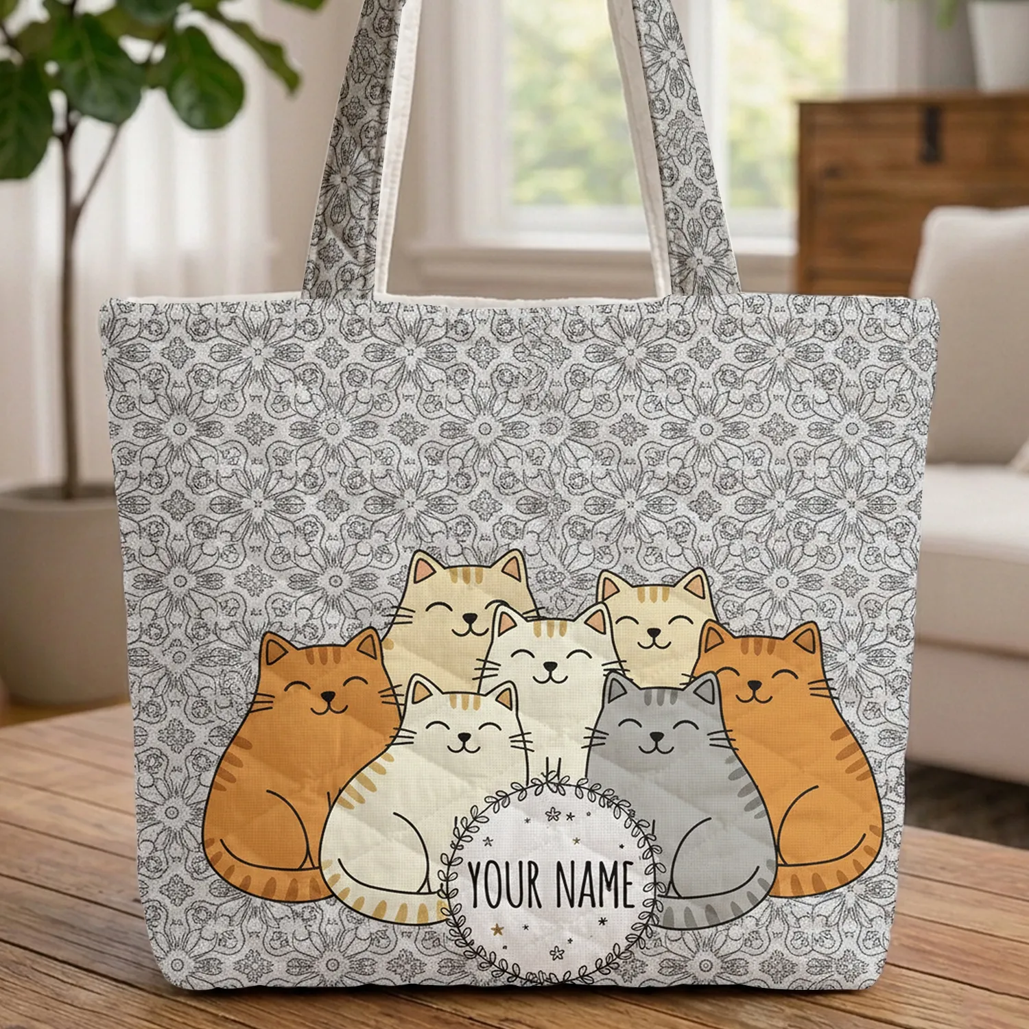 Smiling Ginger Cat Cluster Your Name Floral Wreath Scrollwork - Everyday Cat Lover Gift Quilted Tote Bag - 1