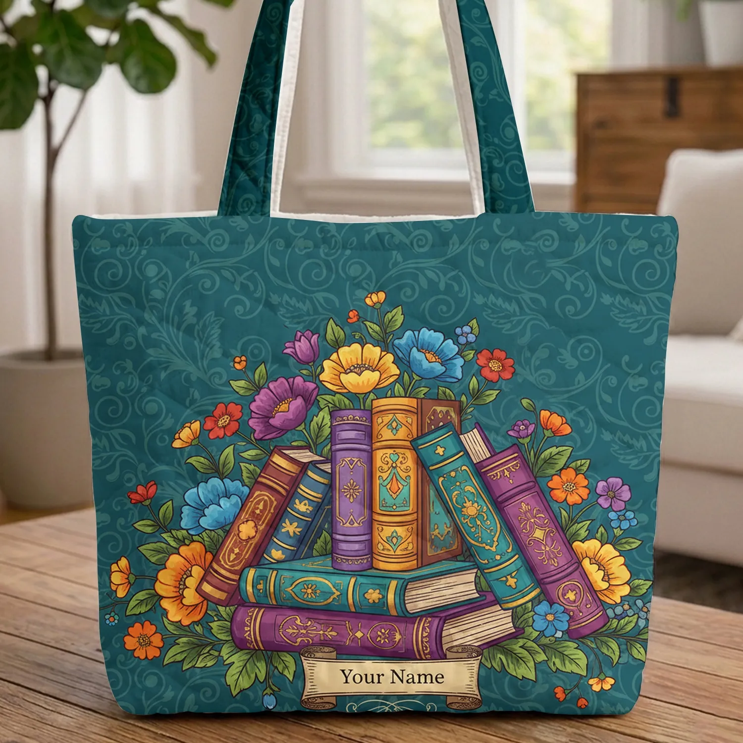 Personalized Ornate Books Colorful Flowers Vines - Reading Lover Gift Quilted Tote Bag - 1