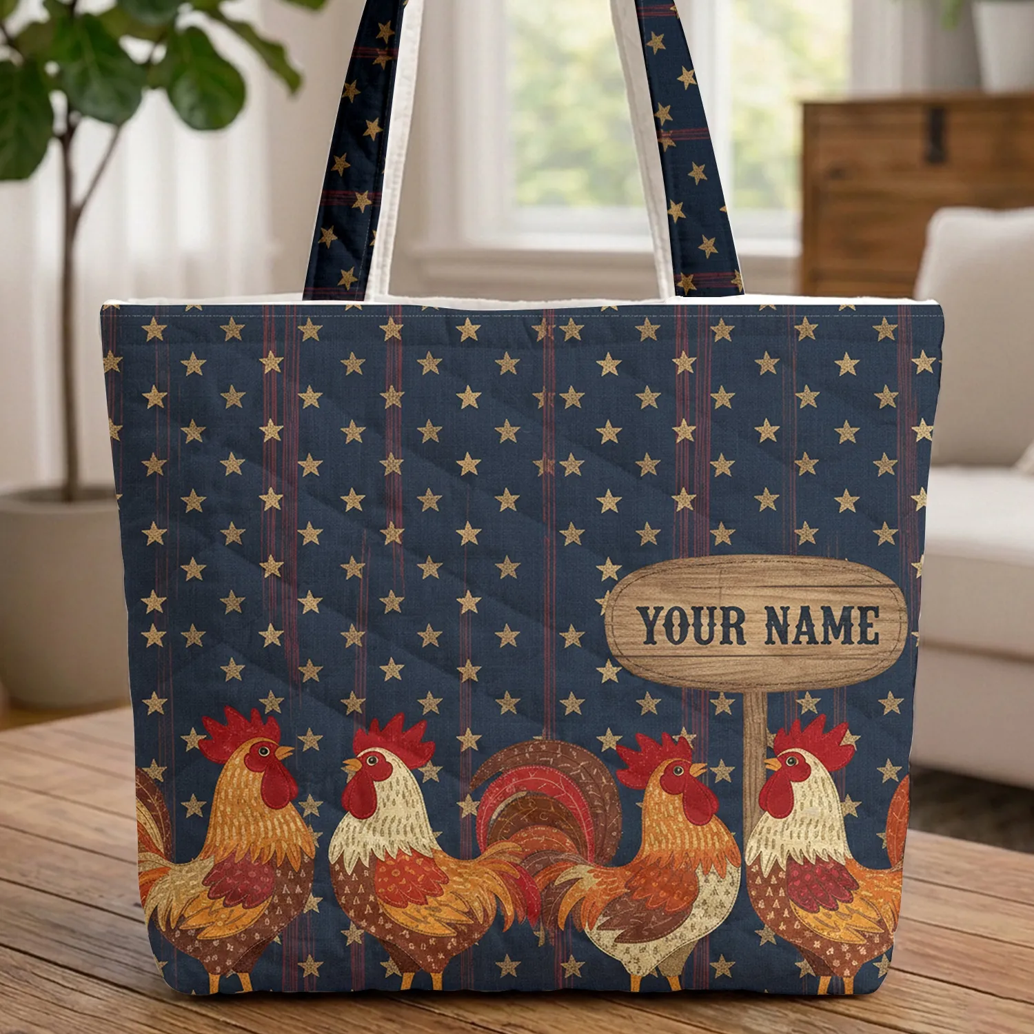 Four Roosters Rustic Western Personalized Sign - Farmhouse Decor Gift Quilted Tote Bag - 1