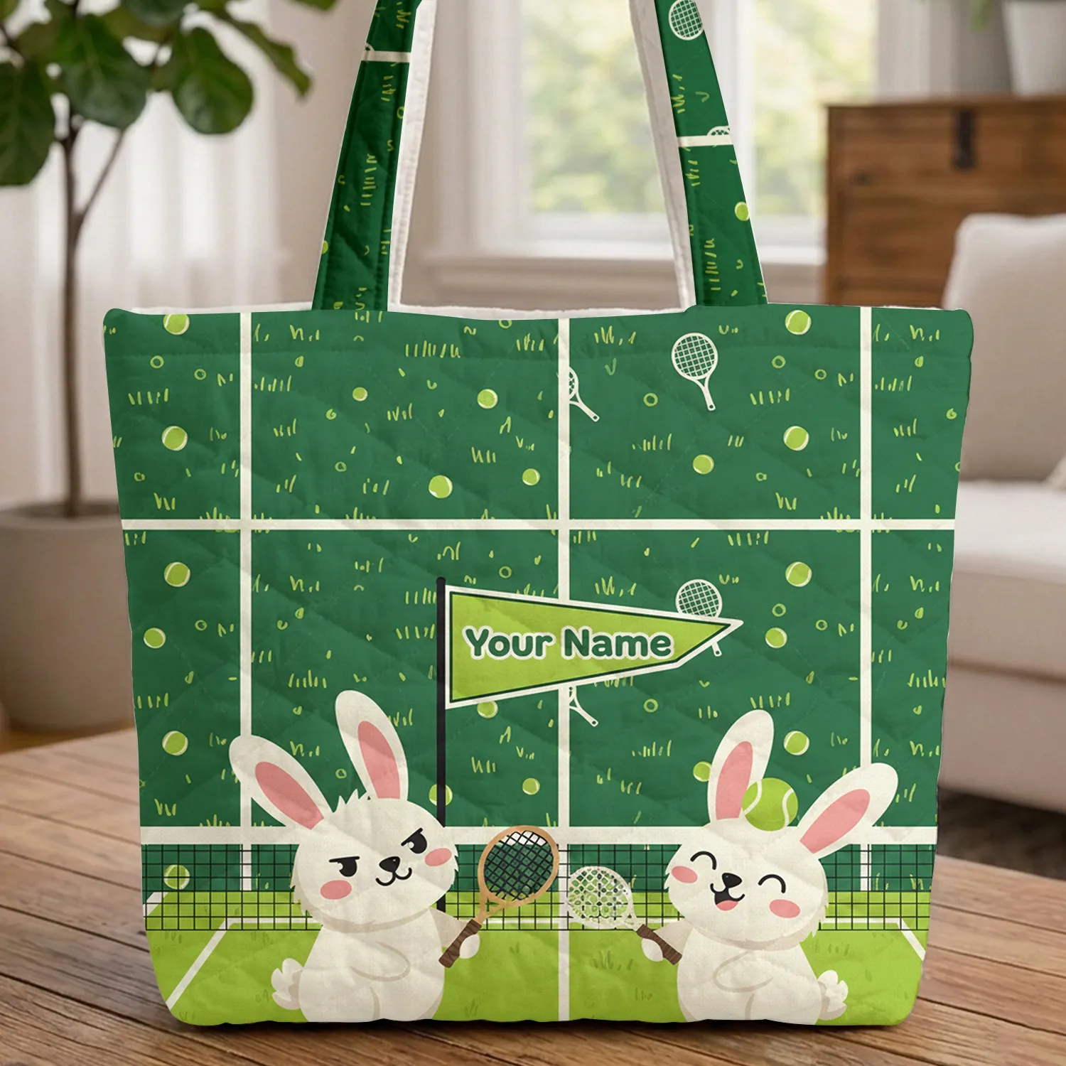 Bunnies Tennis Court Pennant Flag - Tennis Lover Everyday Tote Gift Quilted Tote Bag - 1