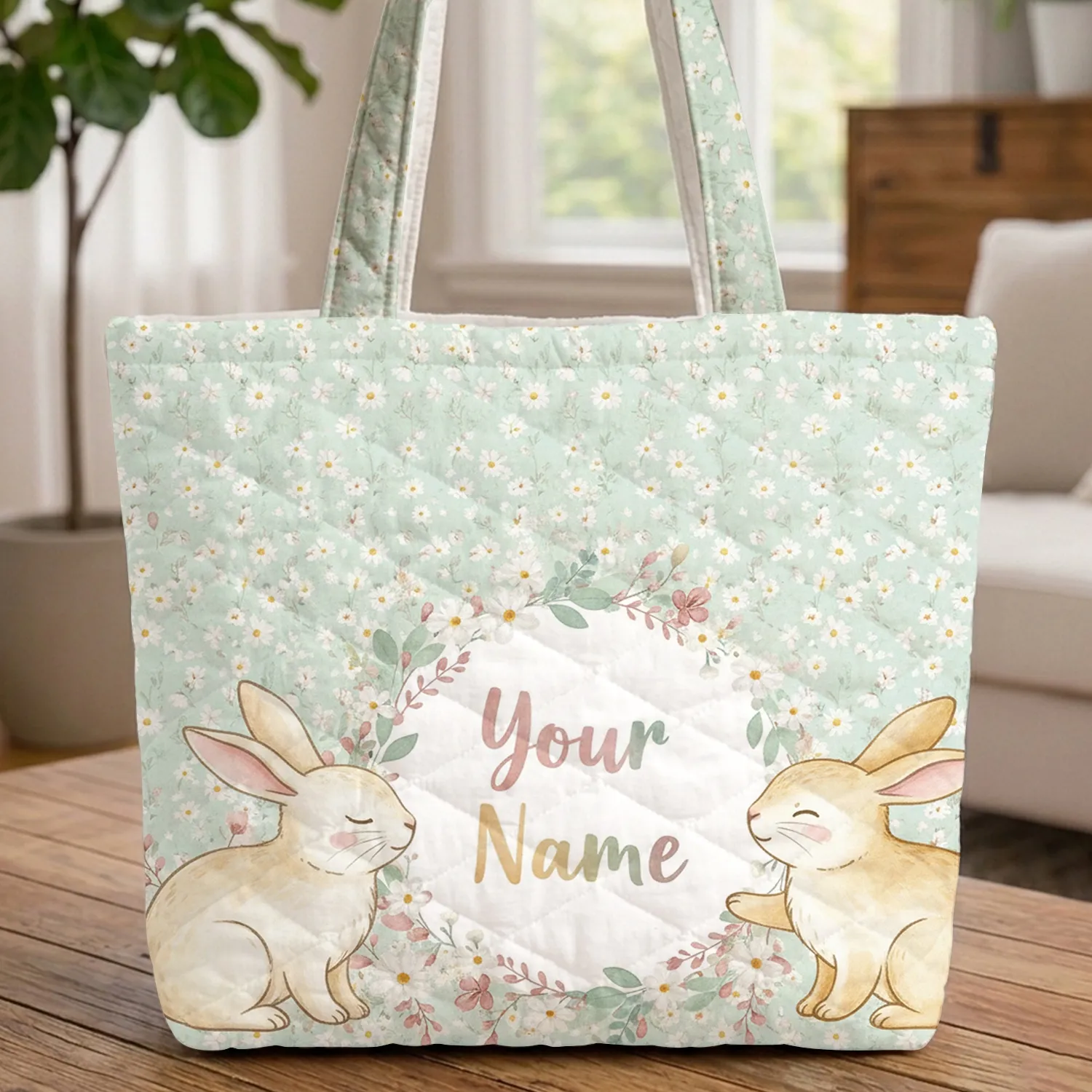 Personalized Bunnies Daisies Wildflowers Floral Wreath - Everyday Tote Wildlife Lover Gift Quilted Tote Bag - 1