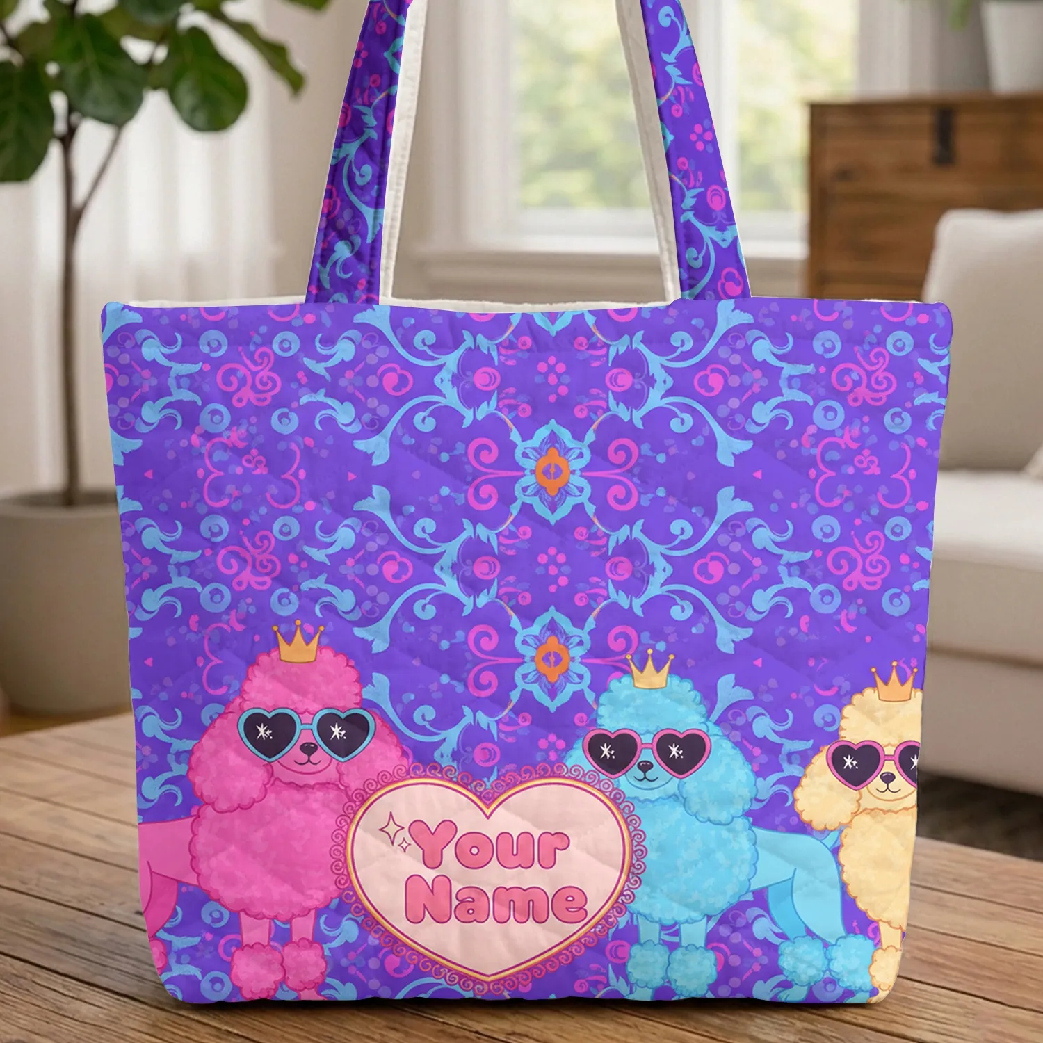 Poodles Heart Sunglasses Crowns 'Your Name' Text Floral Swirls - Poodle Lover Gift Quilted Tote Bag - 1