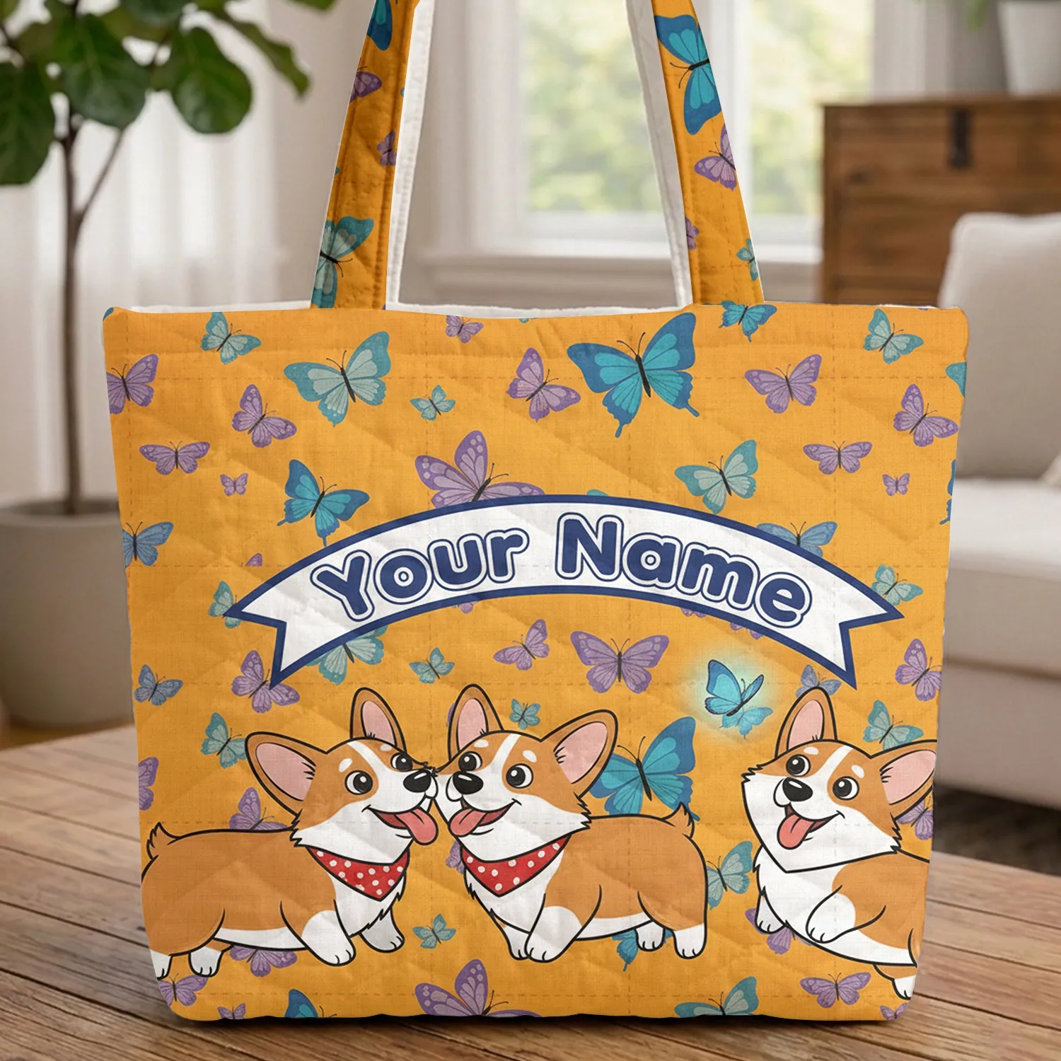 Happy Corgi Butterflies Your Name - Pet Lover Everyday Tote Gift Quilted Tote Bag - 1