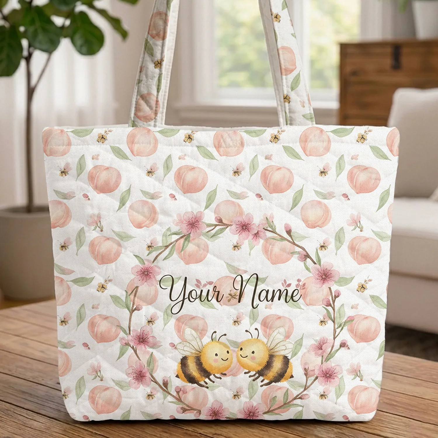 Peaches Honeybees Peach Blossoms Leaves Floral Wreath - Personalized Everyday Gift Quilted Tote Bag - 1