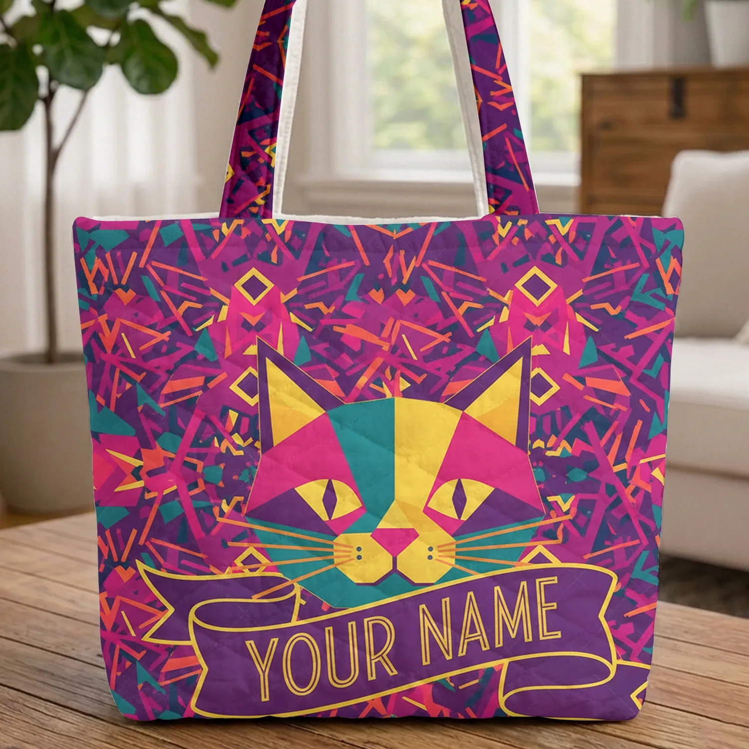 Geometric Lines Cat Face Your Name Ribbon - Everyday Carry Cat Lover Gift Quilted Tote Bag - 1