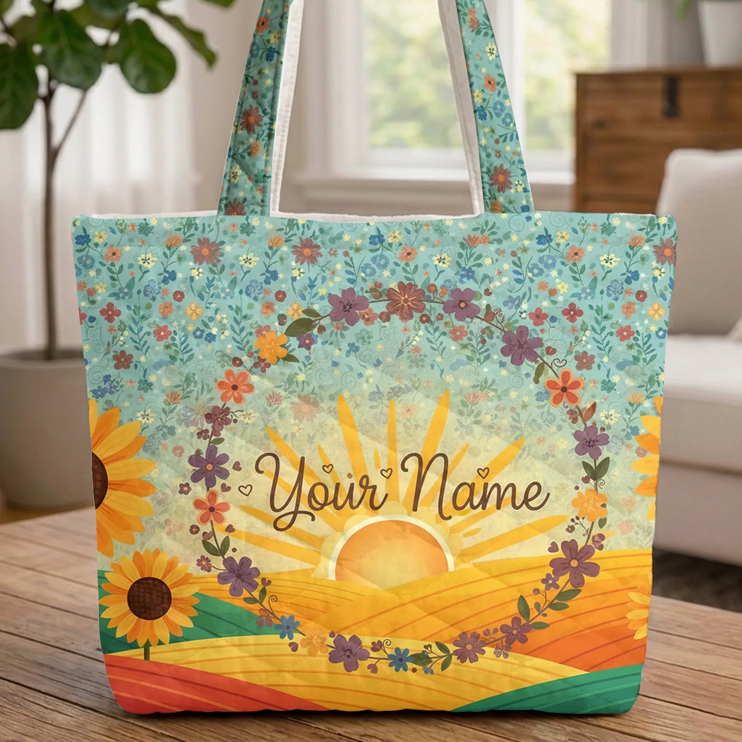 Sunflowers Radiant Sun Rolling Hills Your Name Floral Wreath - Everyday Tote Quilted Tote Bag - 1