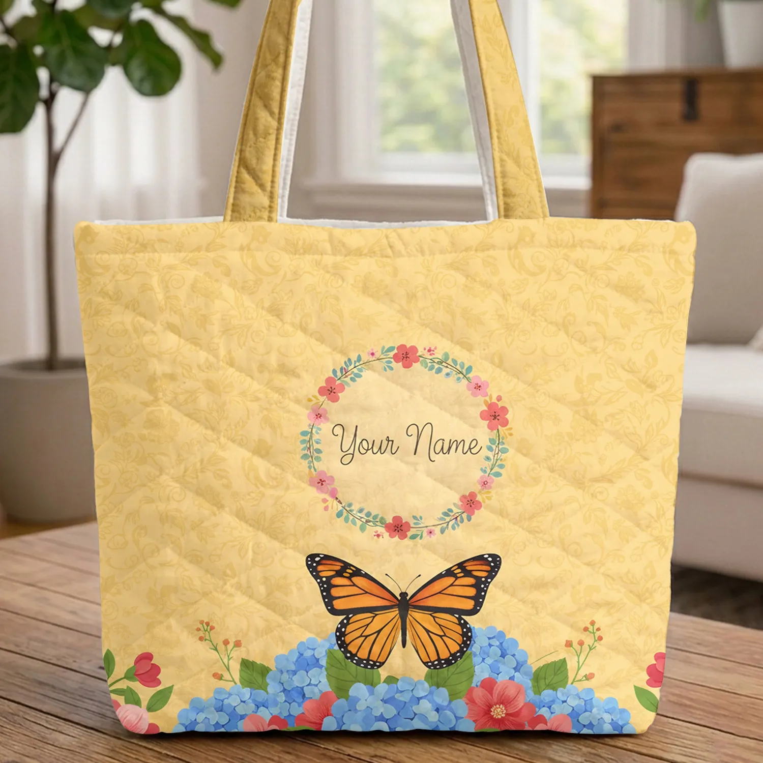 Monarch Butterfly Hydrangea Floral Wreath Organic Vines - Wildlife Lover Gift Quilted Tote Bag - 1