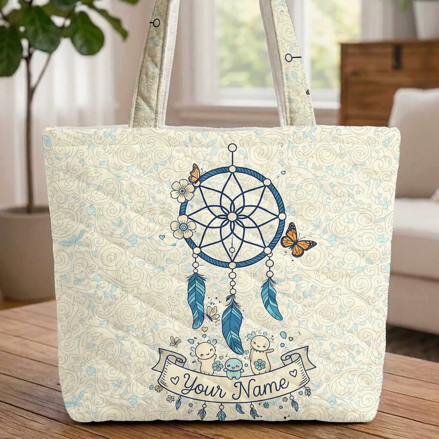 Dreamcatcher Butterflies Flowers Vine Leaf - Personalized Boho Everyday Tote Quilted Tote Bag - 1