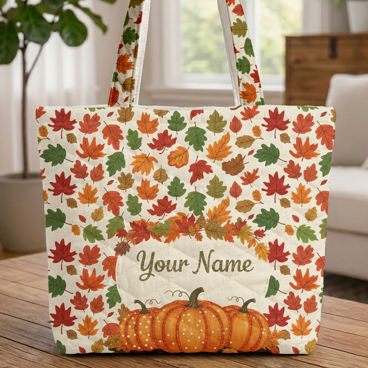 Autumn Leaves Pumpkins Personalized Name - Fall Harvest Decor Gift Quilted Tote Bag - 1