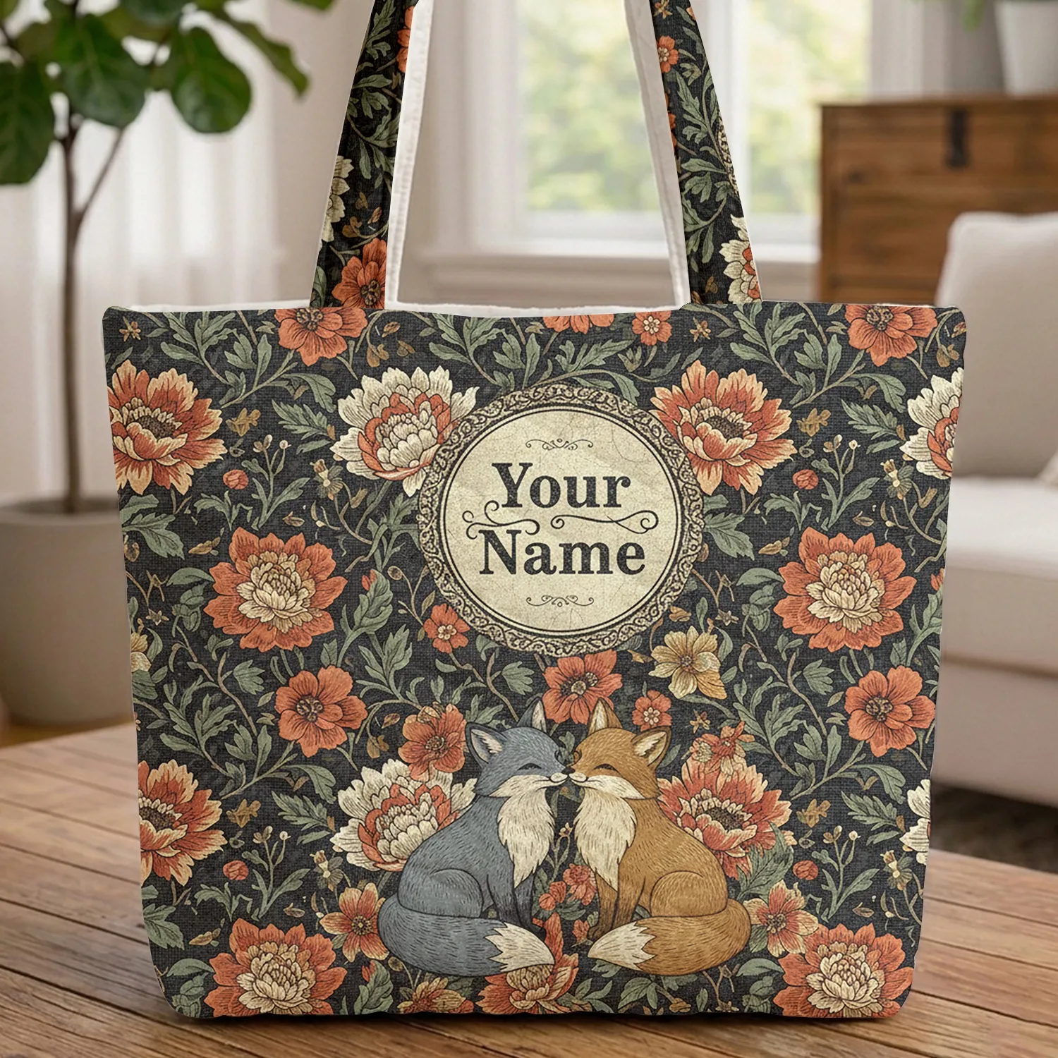 Nuzzling Foxes Poppies Peonies Medallion - Everyday Wildlife Lover Gift Quilted Tote Bag - 1