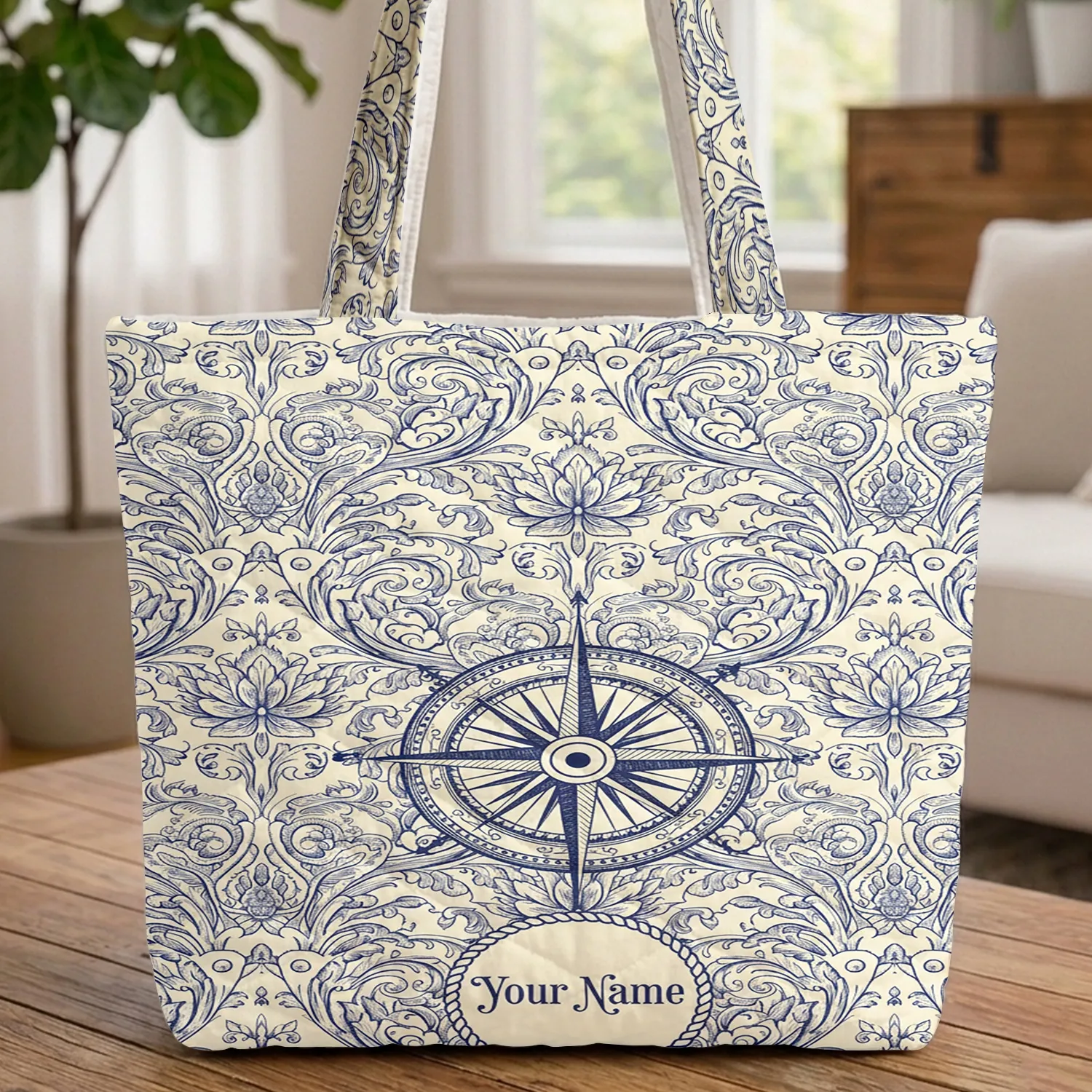 Compass Rose Toile De Jouy Name - Nautical Travel Essentials Quilted Tote Bag - 1