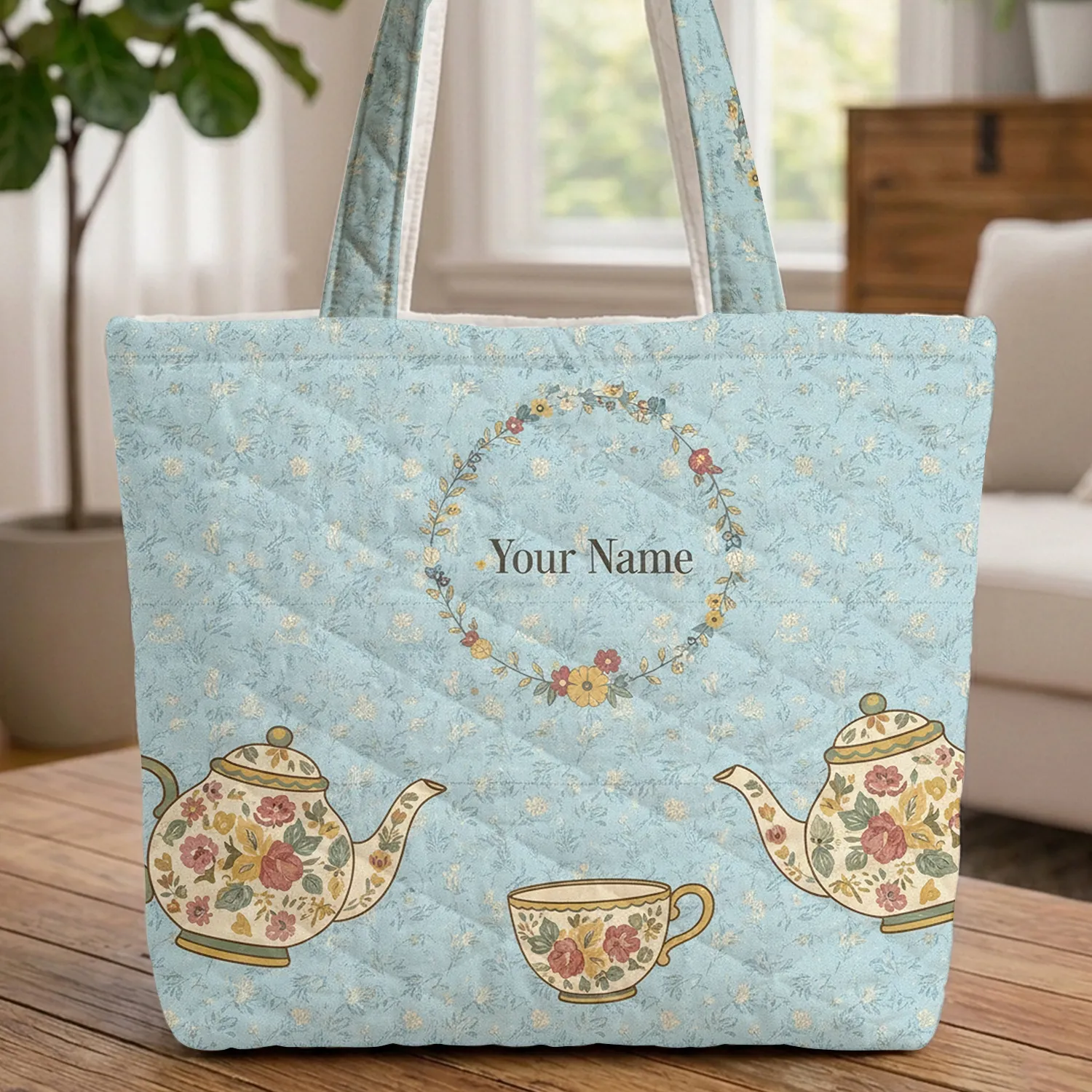 Floral Teapots Teacup Wreath - Everyday Carry Gift for Tea Lover Quilted Tote Bag - 1