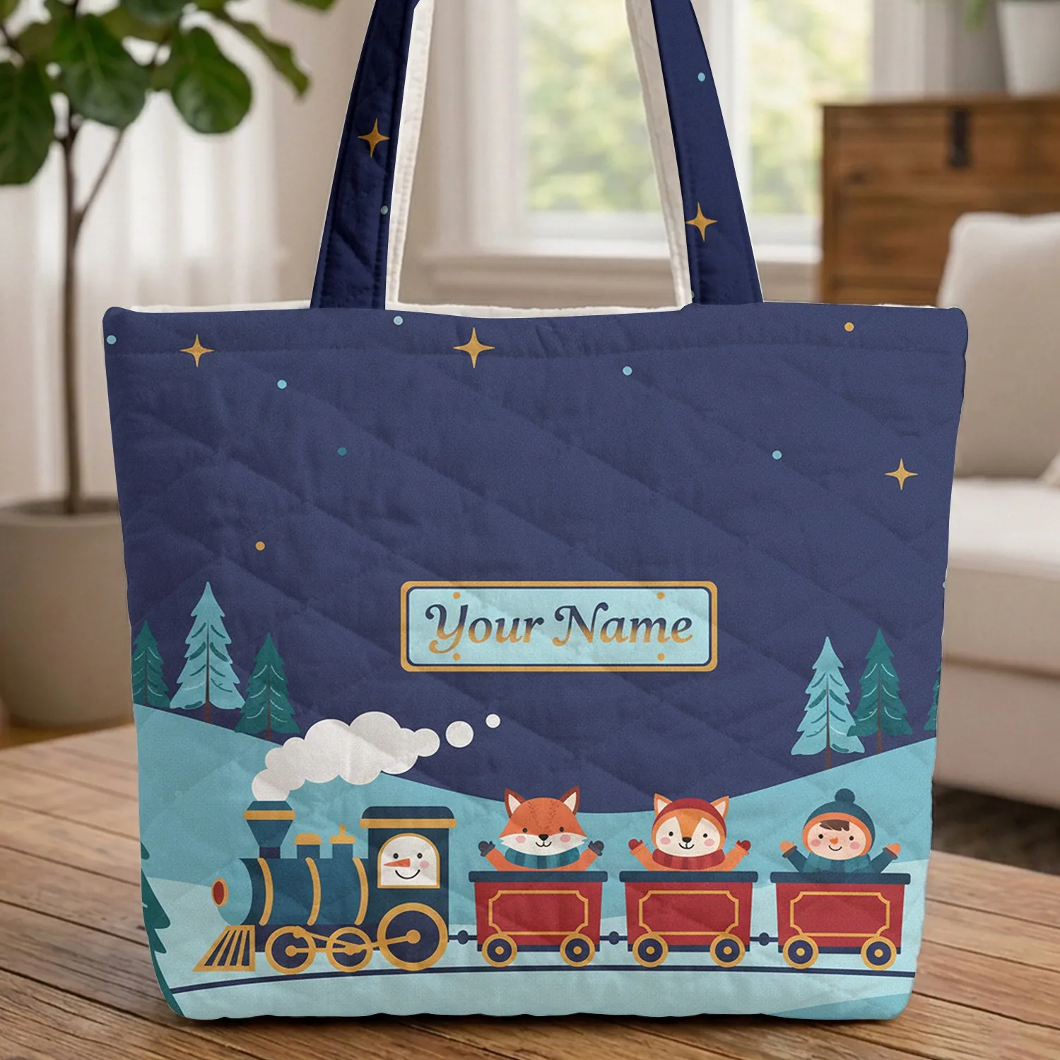Vintage Blue Gold Steam Train Snowy Pine Hills Starry Sky - Traveler Gift for Train Lovers Quilted Tote Bag - 1