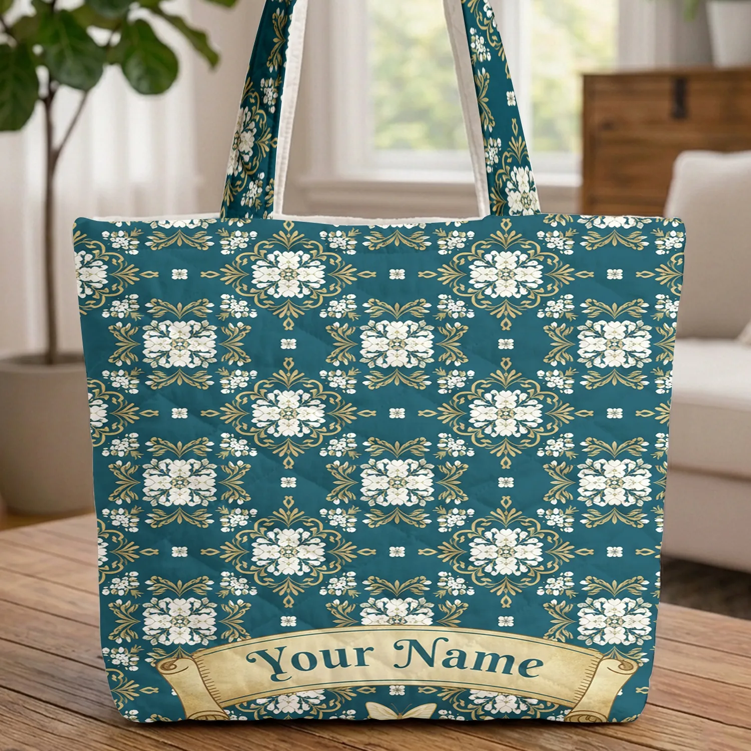 Gold Filigree Butterflies Floral Scroll Banner - Nature Lover Gift for Her Quilted Tote Bag - 1