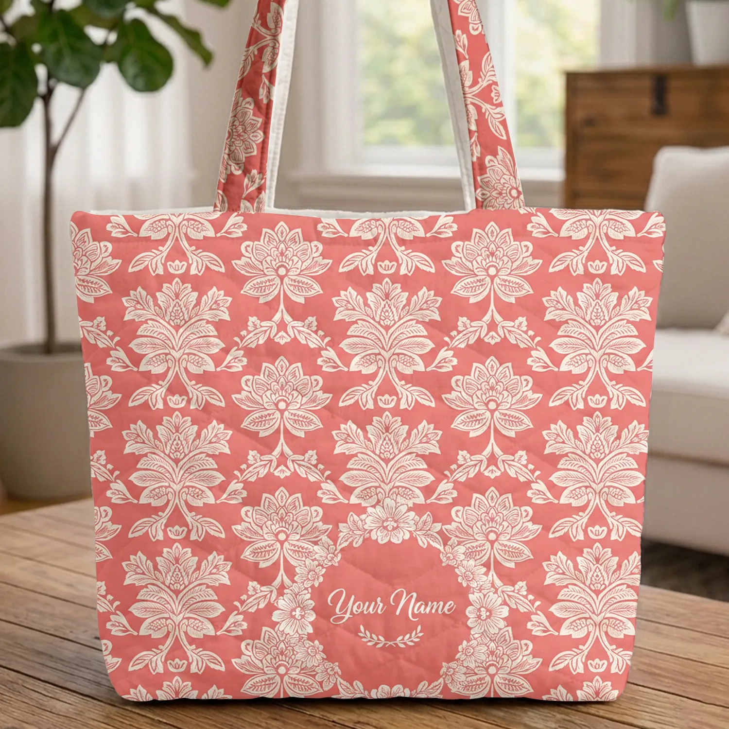 Coral Pink White Ornate Floral Bloom Petals Leaves Wreath - Everyday Carry Essentials Gift Quilted Tote Bag - 1