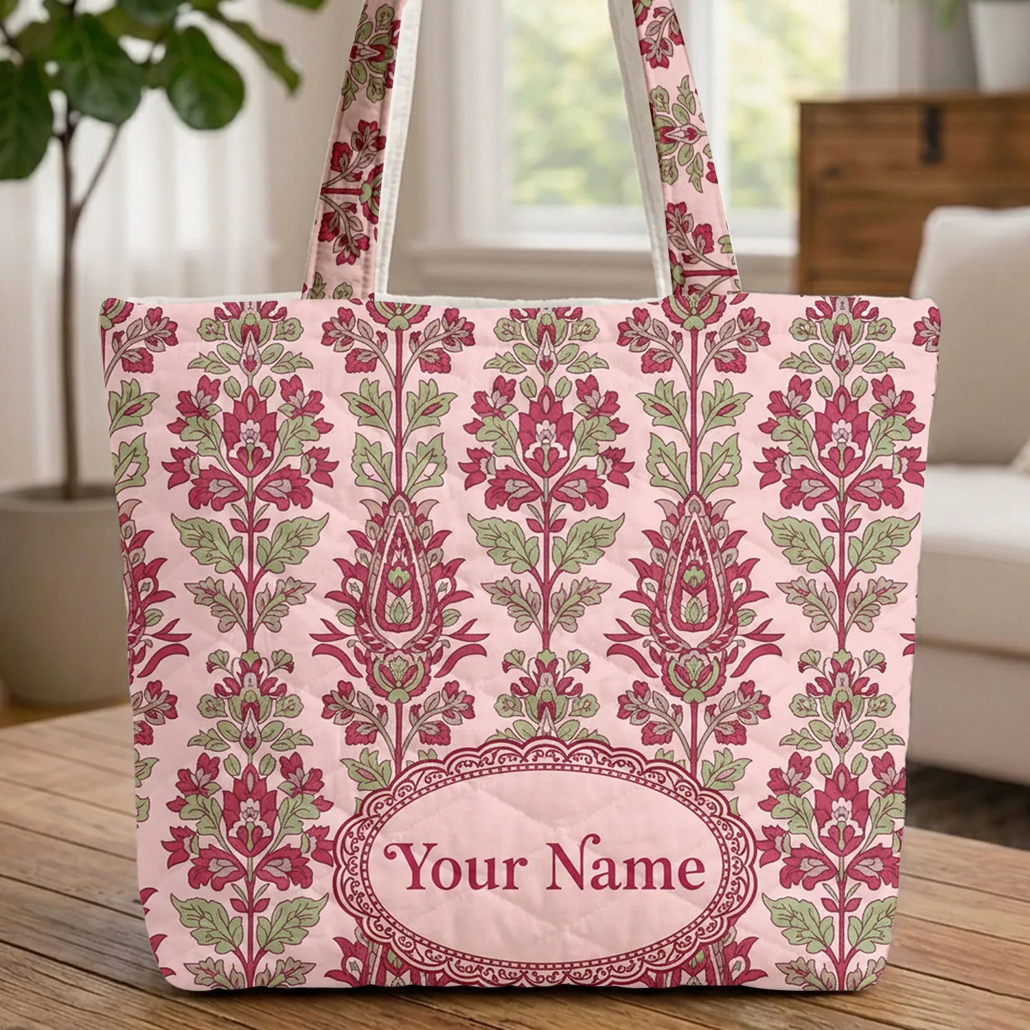 Indian Red Green Floral Paisley Stems - Boho Lifestyle Home Decor Gift for Everyday Travel Quilted Tote Bag - 1