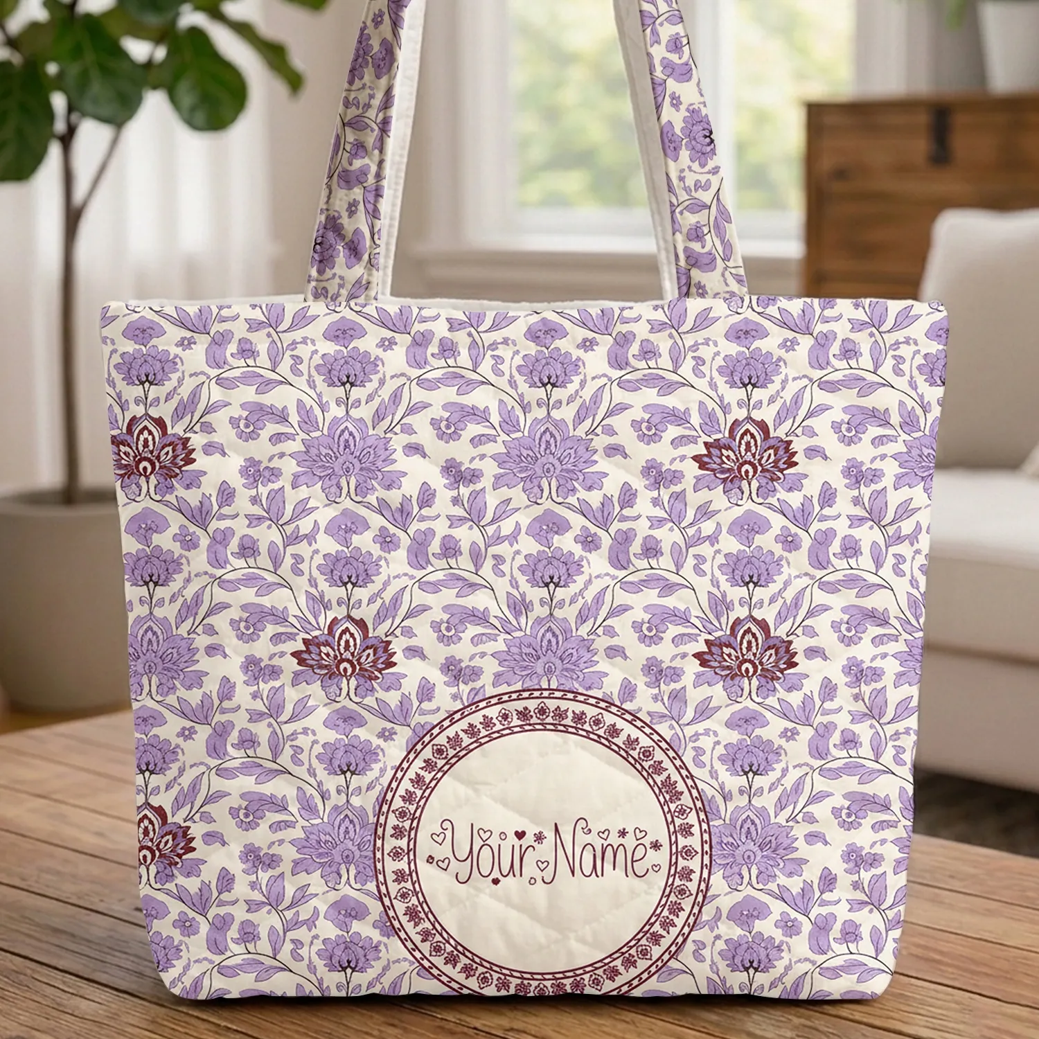 Lavender Purple Ornate Floral Medallion Personalized Name Hearts & Leaves - Everyday Style Gift Quilted Tote Bag - 1