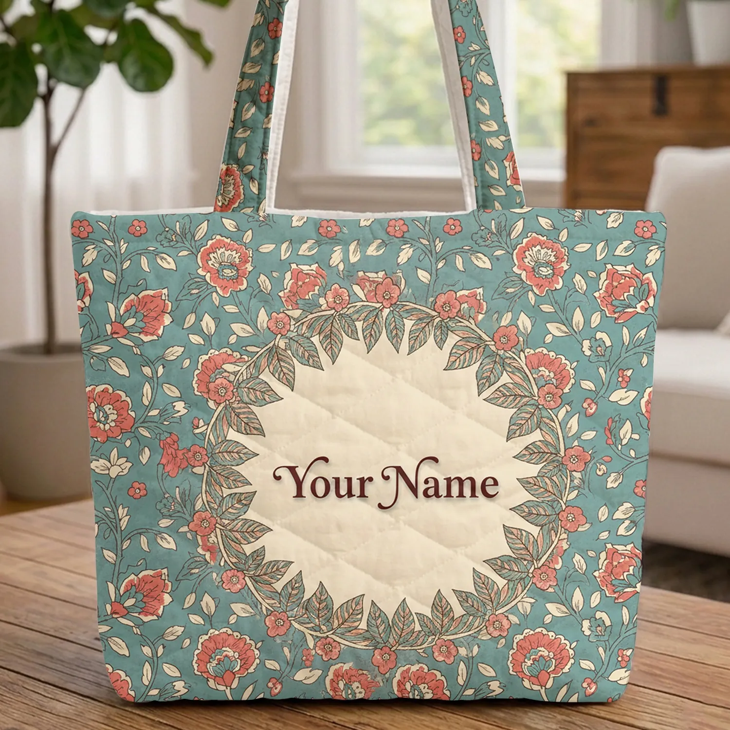 Indian Floral Wreath Botanical - Personalized Carryall Gift for Women Quilted Tote Bag - 1