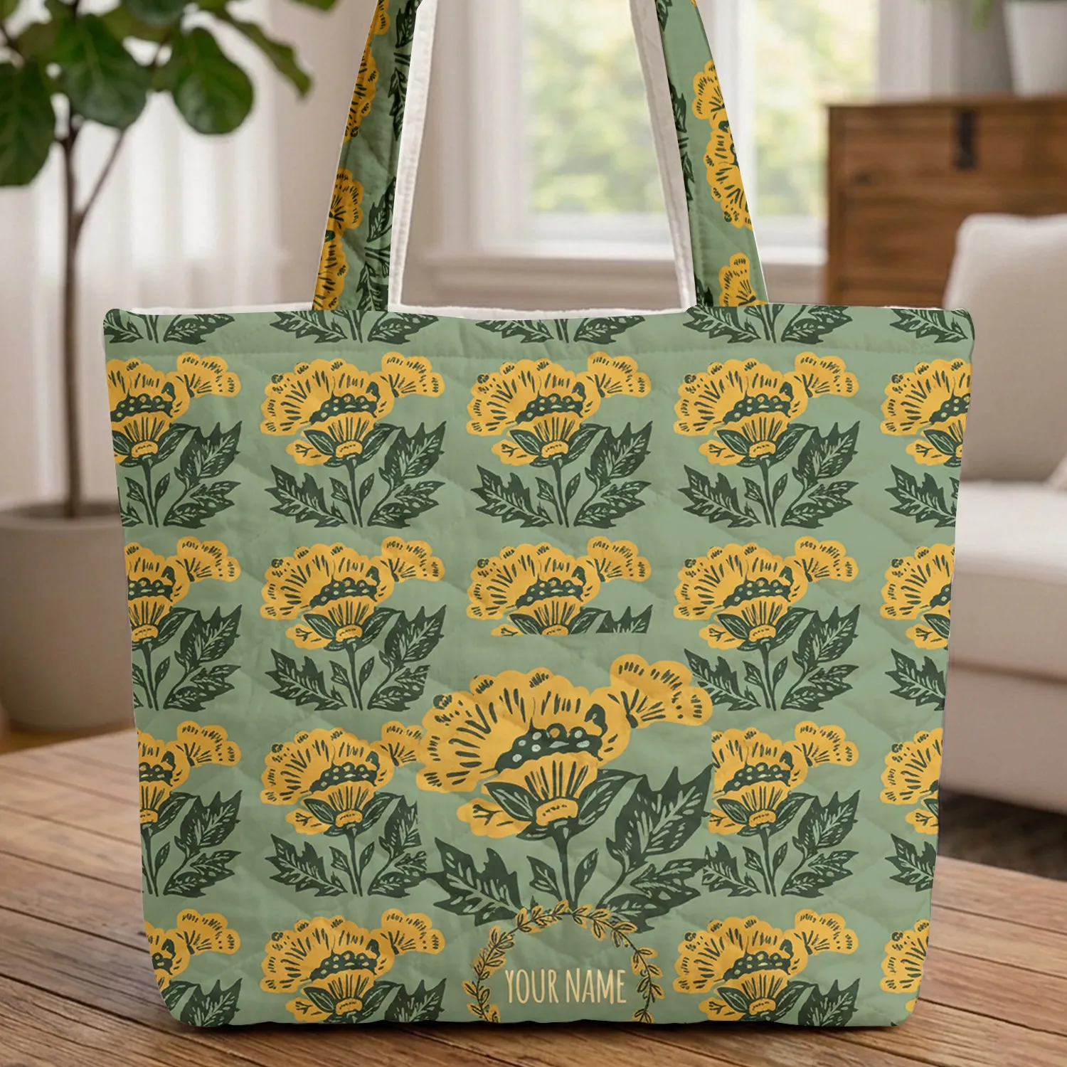 Mustard Yellow Flowers Your Name Wreath Leaves - Everyday Tote Gift for Her Quilted Tote Bag - 1