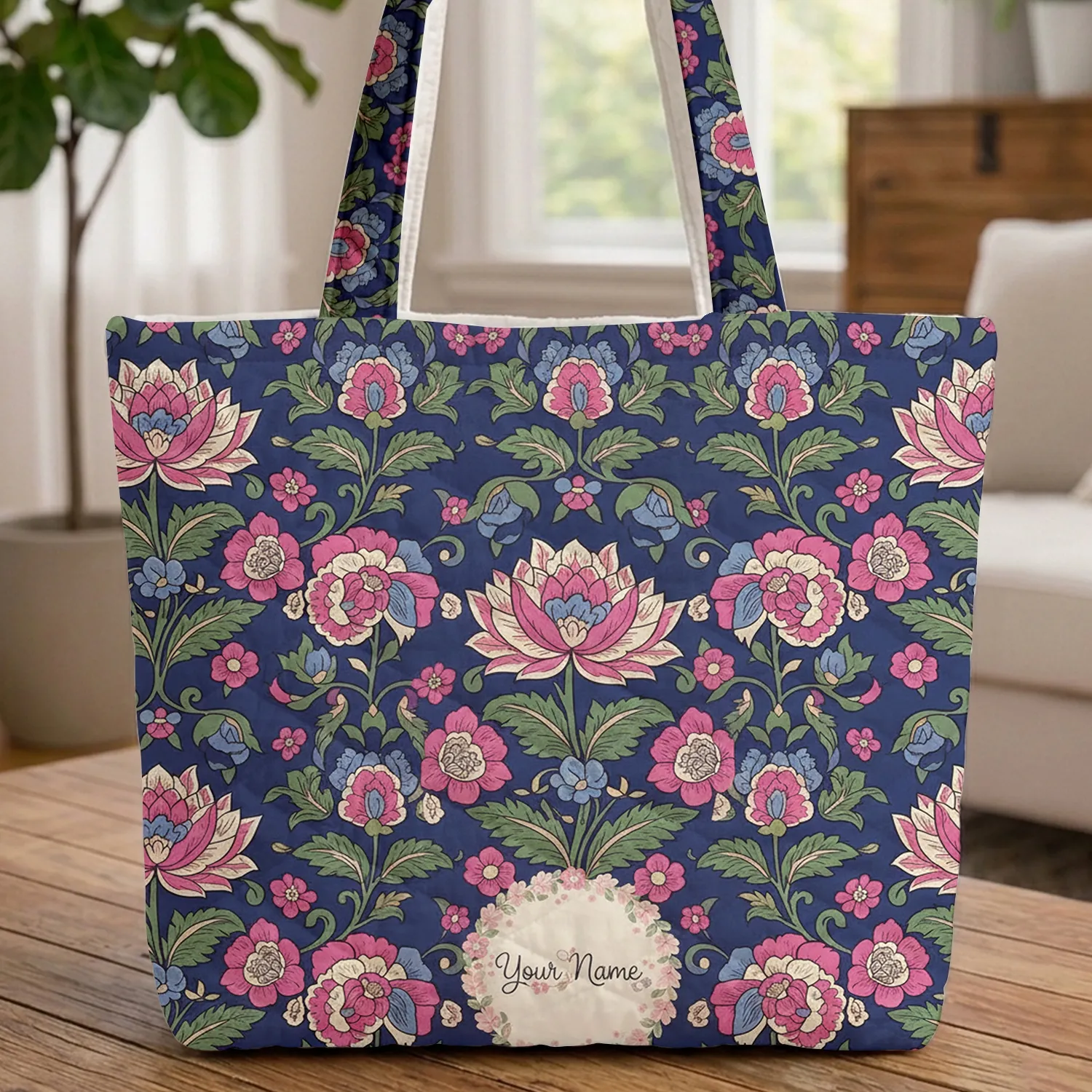 Ornate Indian Floral Blooms Name - Everyday Personalized Gift Quilted Tote Bag - 1