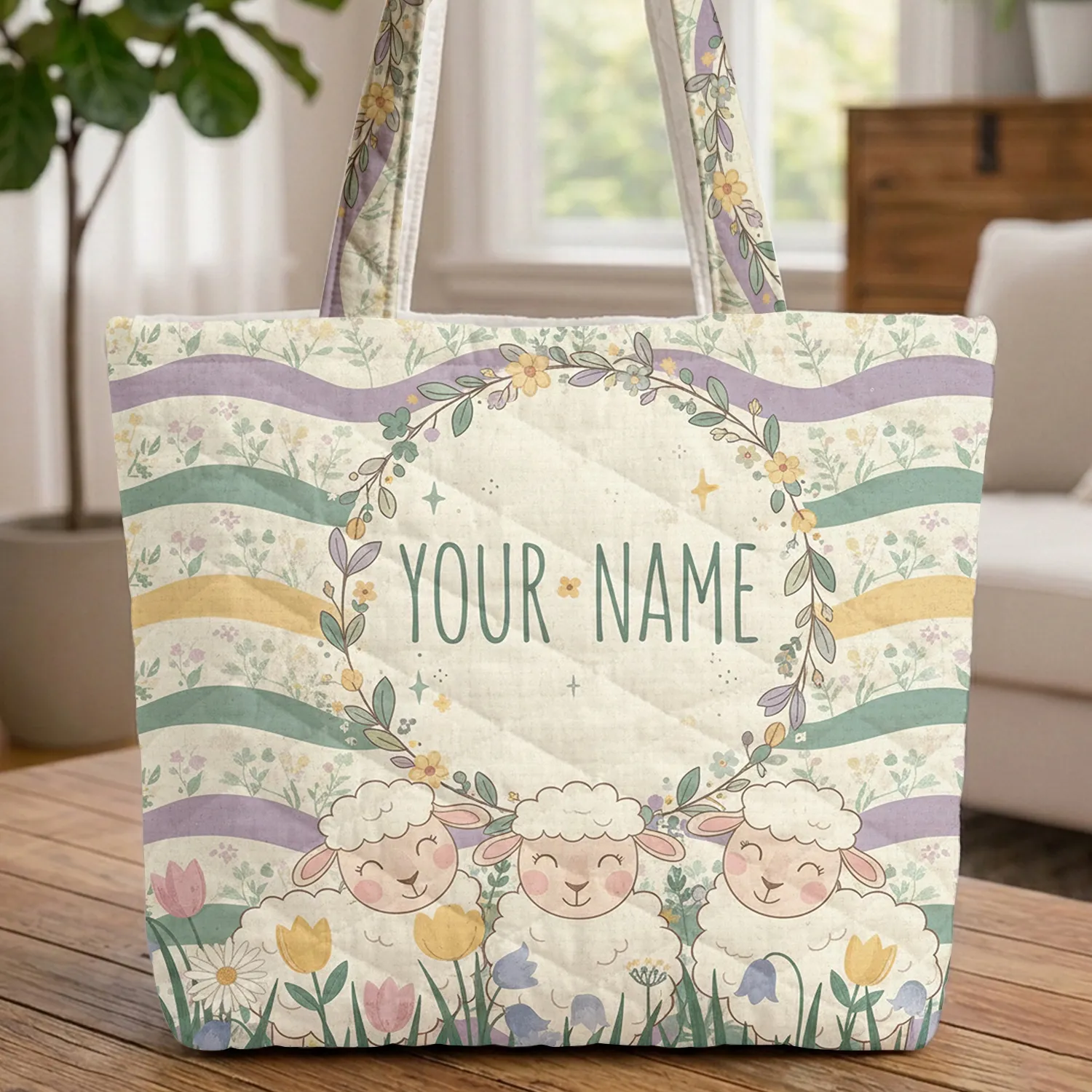 Three Smiling Sheep Spring Wildflowers Clover Wreath - Sheep Lover Gift Quilted Tote Bag - 1
