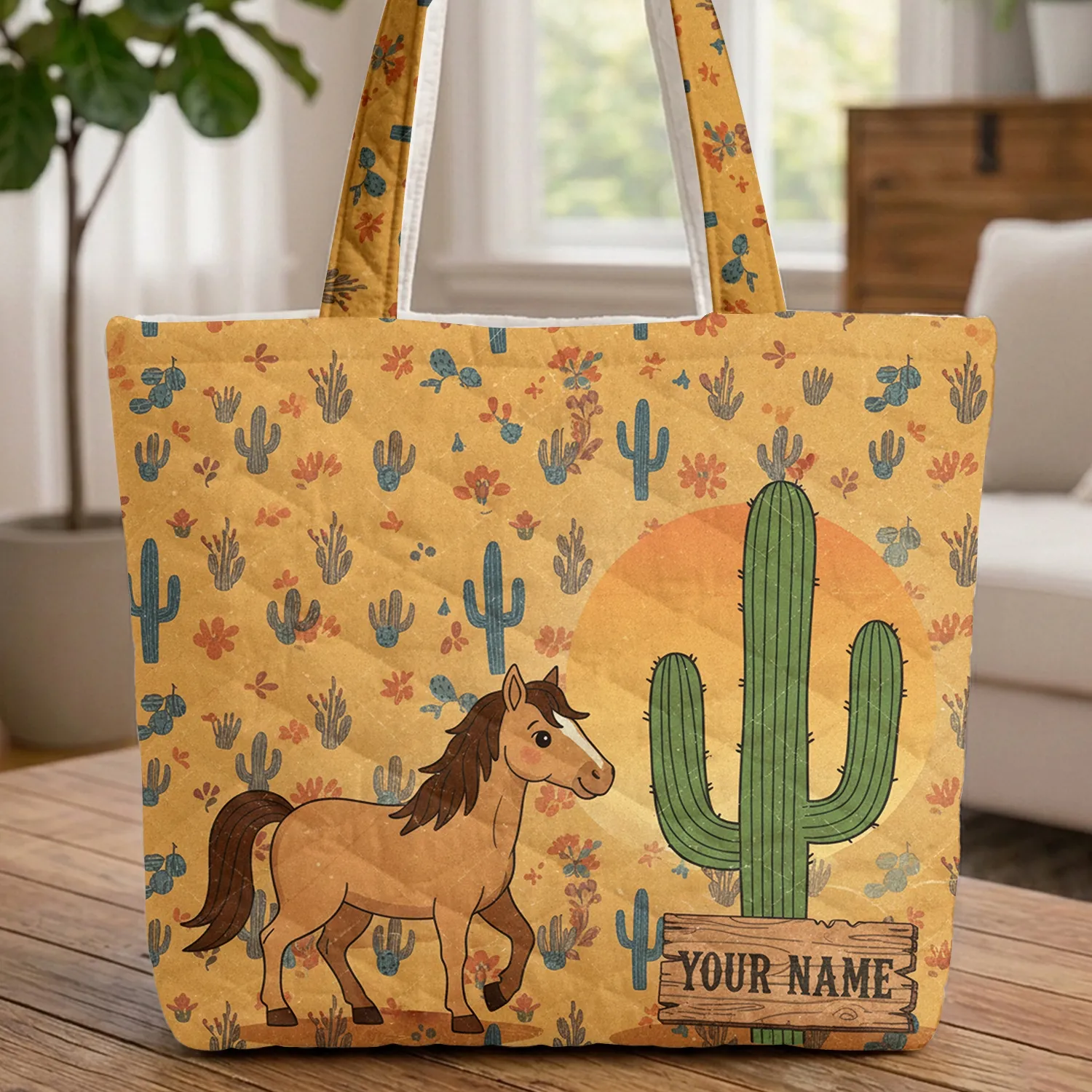 Wild Horse Desert Sunset Saguaro Cactus - Western Lifestyle Gift for Horse Lover Quilted Tote Bag - 1