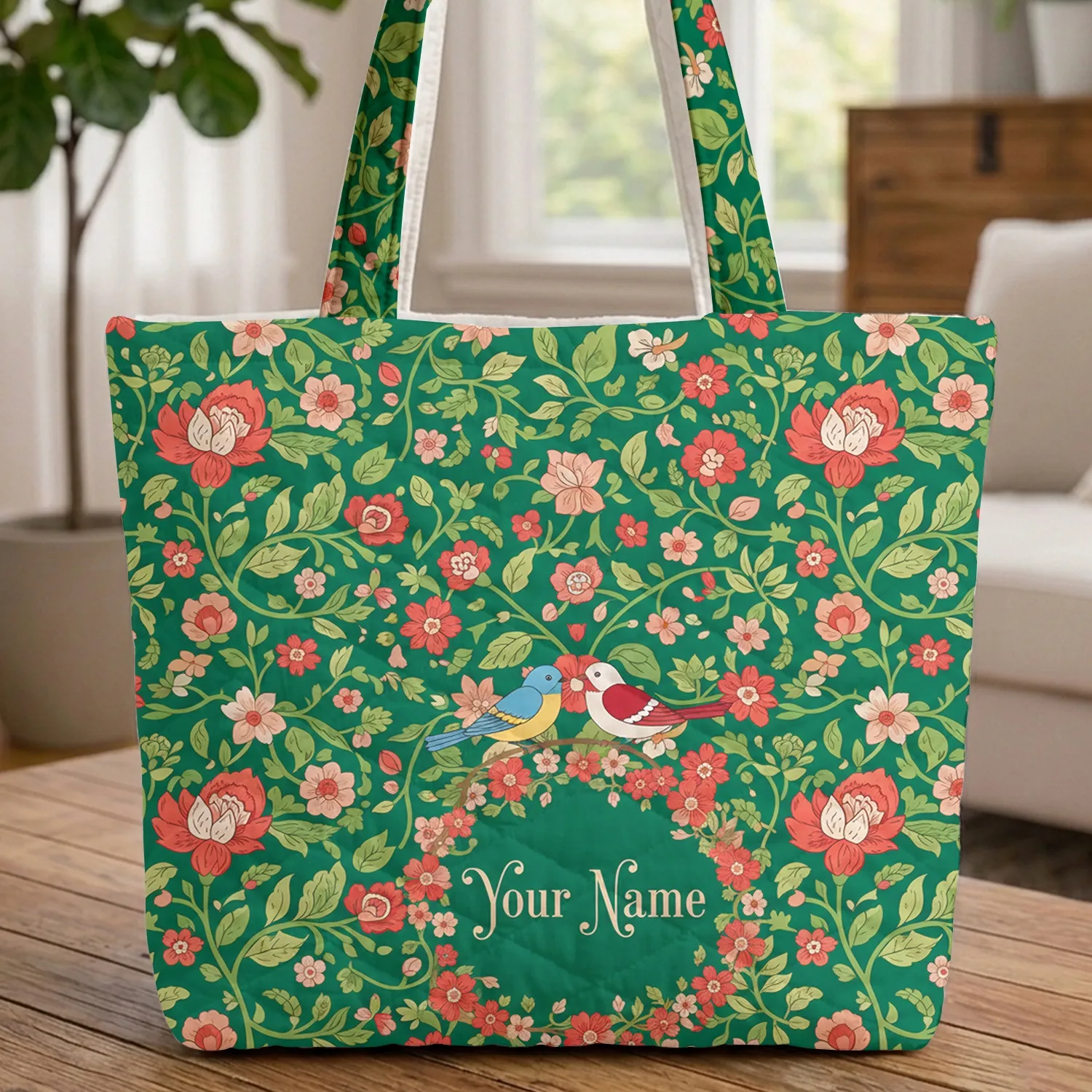 Adorable Birds Flowering Vines Personalized Name - Everyday Tote Bird Lover Gift Quilted Tote Bag - 1