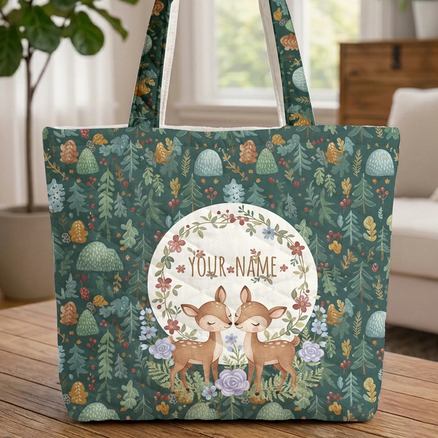 Deer Pine Tree Forest Wildflower Floral Wreath Mountains Berries - Outdoor Wildlife Lover Gift Quilted Tote Bag - 1