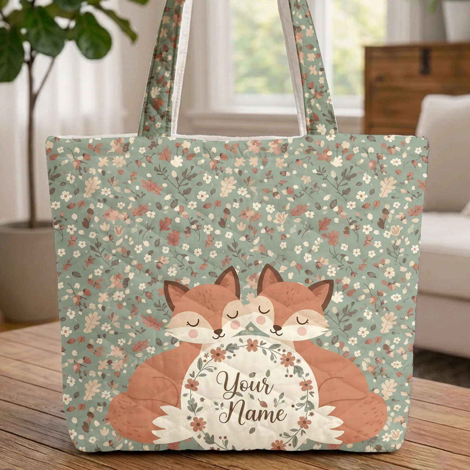 Baby Foxes Nuzzling Wildflower Wreath Oak Leaves Acorns - Wildlife Lover Gift for Fox Lovers Quilted Tote Bag - 1