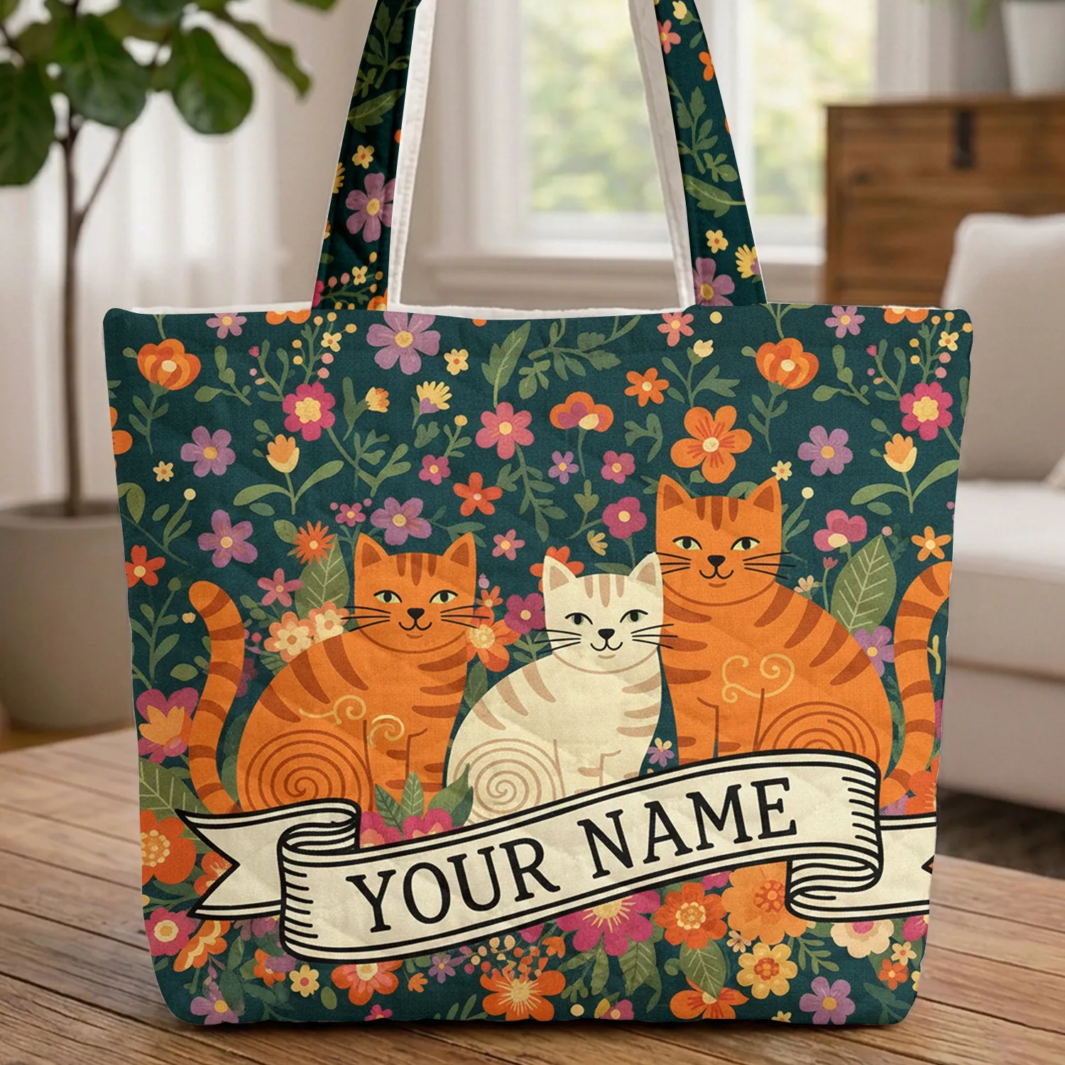 Three Cats Wildflower Name Ribbon - Cat Lover Gift Quilted Tote Bag - 1