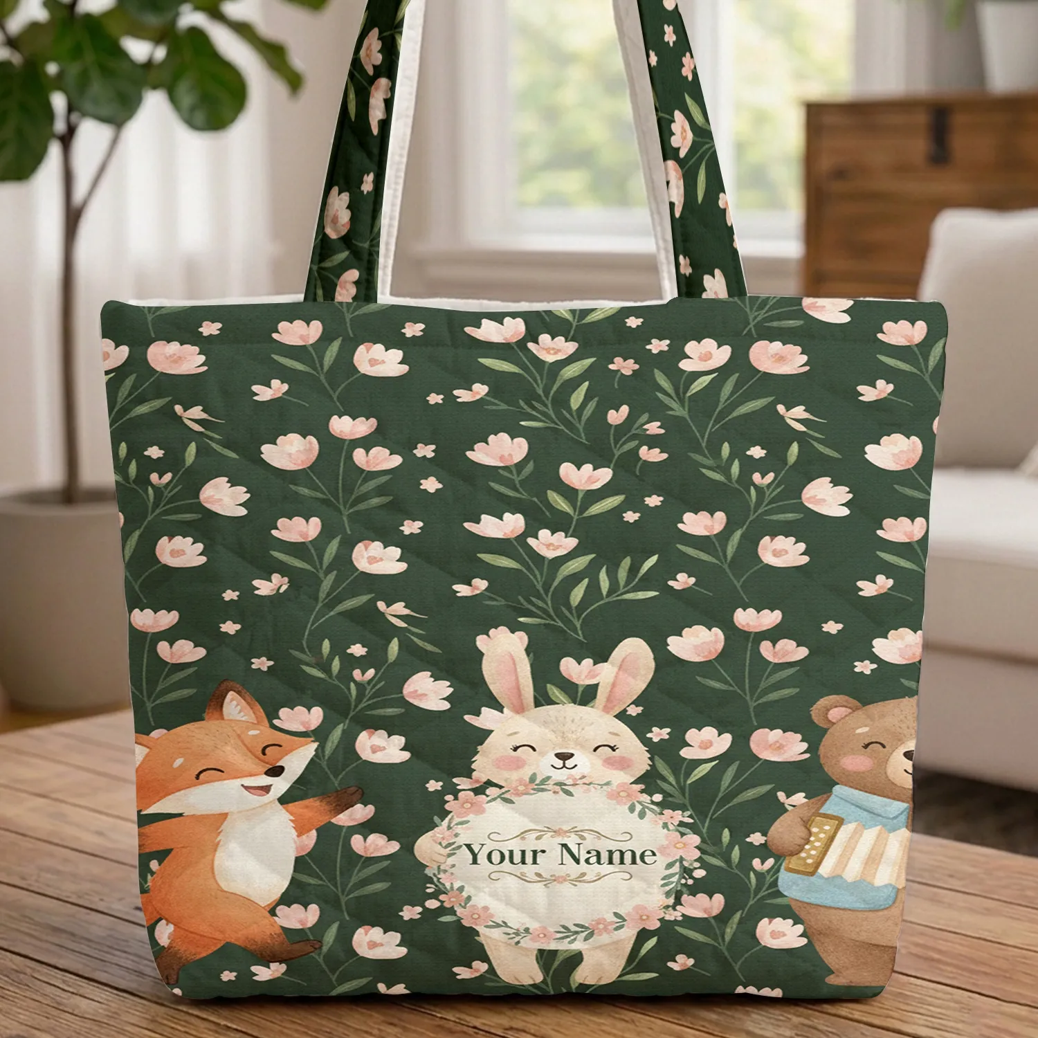 Dancing Fox Bunny Floral Wreath Bear Woodland Wildflower Nature Lover Everyday Carry Quilted Tote Bag - 1