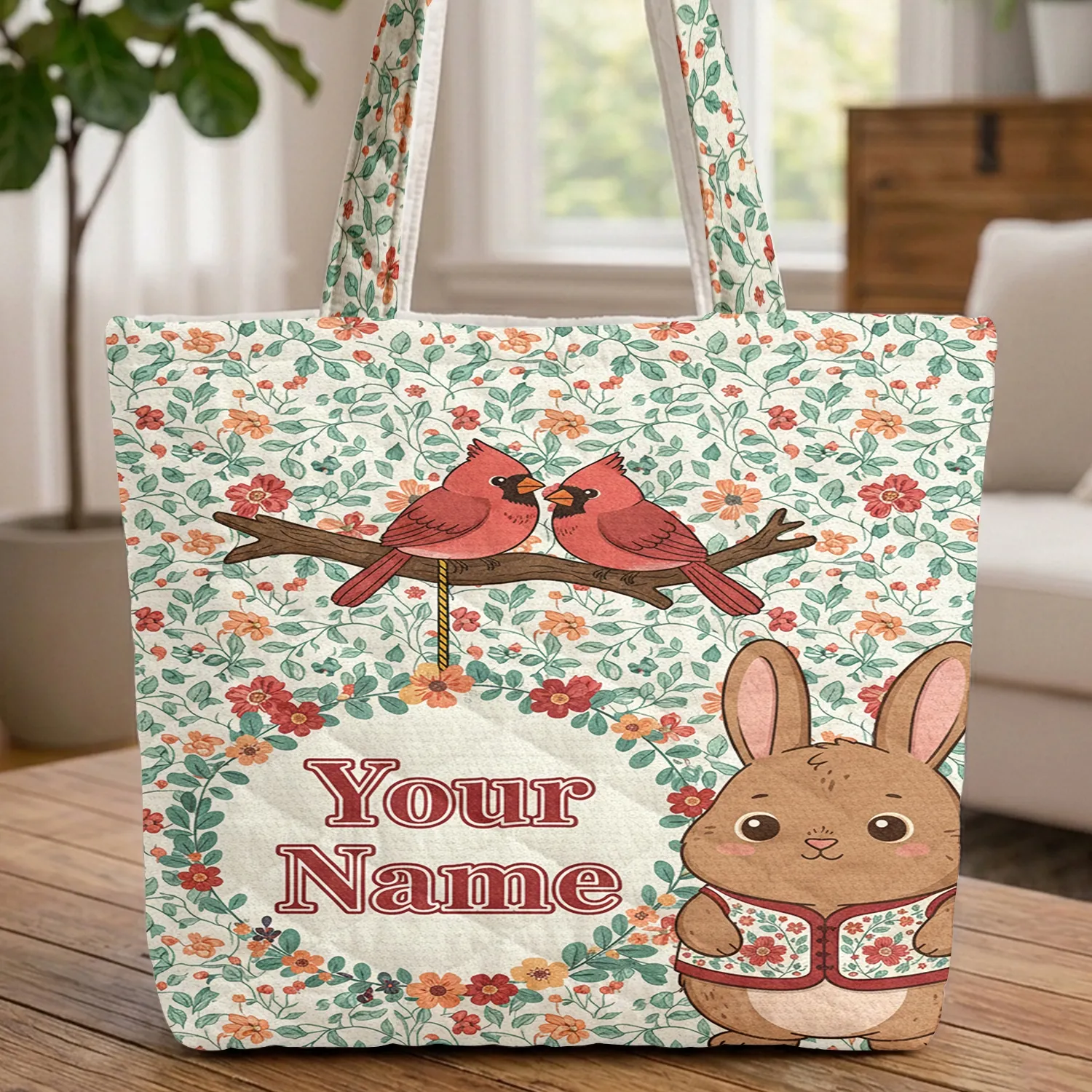Cardinal Birds Rustic Branch Floral Wreath Elegant Swirls Your Name - Wildlife Lover Gift Quilted Tote Bag - 1