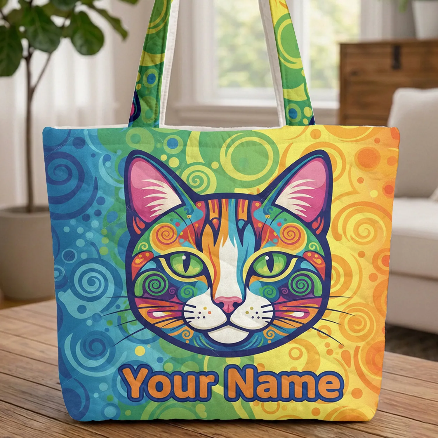 Expressive Cat Face Personalized Name - Everyday Carry Tote Gift for Cat Lover Quilted Tote Bag - 1