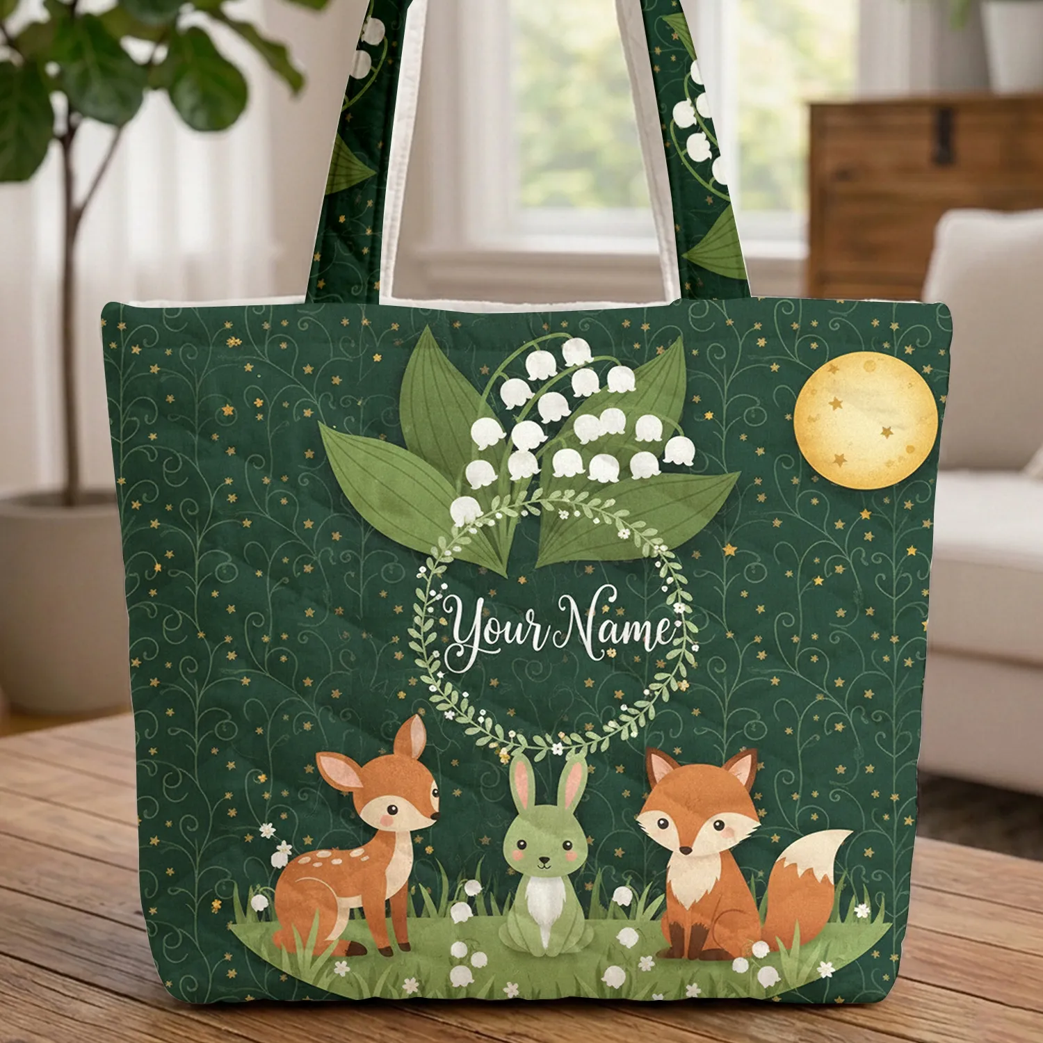 Lily of the Valley Floral Wreath Your Name Moon Swirling Vines Stars - Nature Lover Gift Quilted Tote Bag - 1
