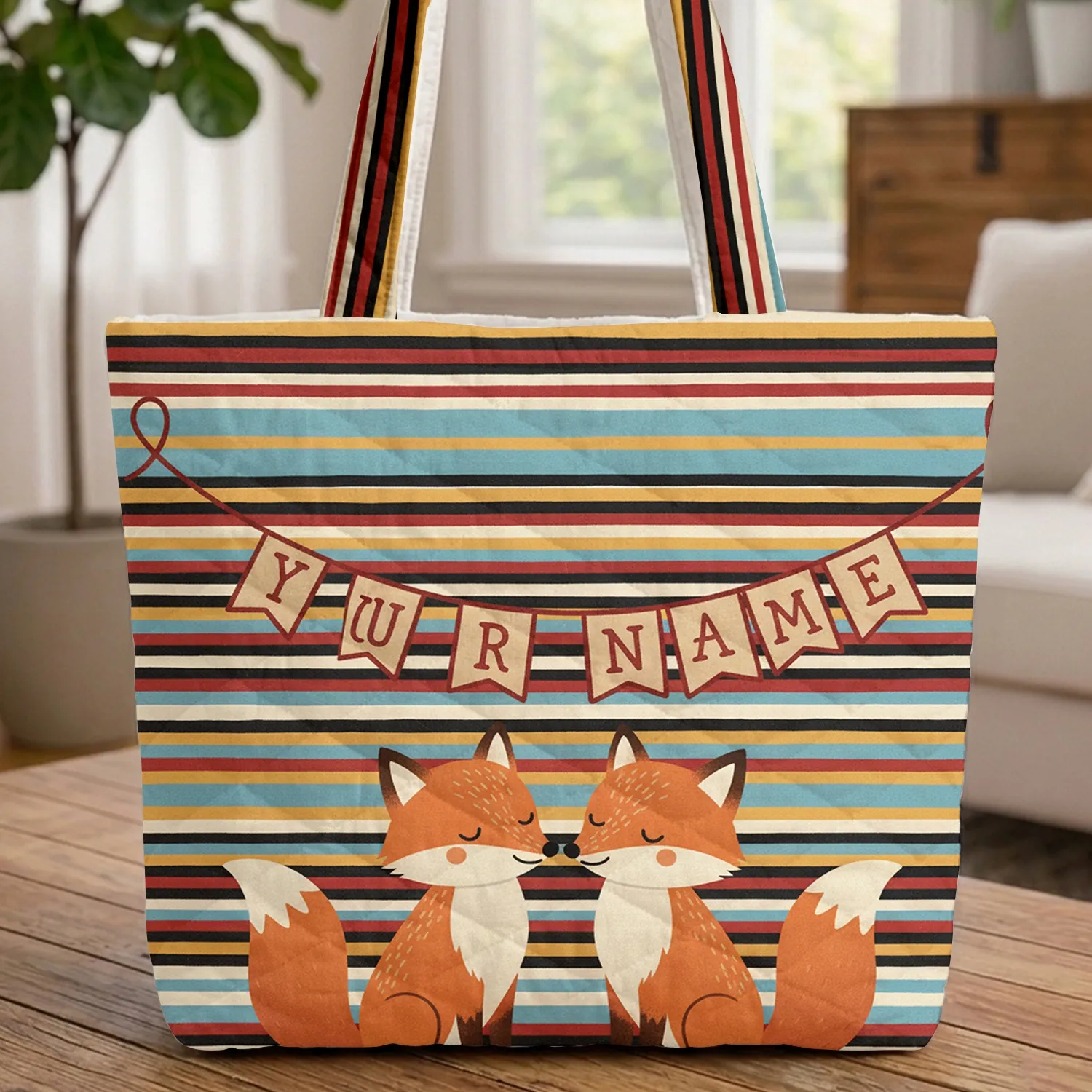 Affectionate Foxes Striped Background Bunting Personalized - Thoughtful Wildlife Lover Gift Quilted Tote Bag - 1