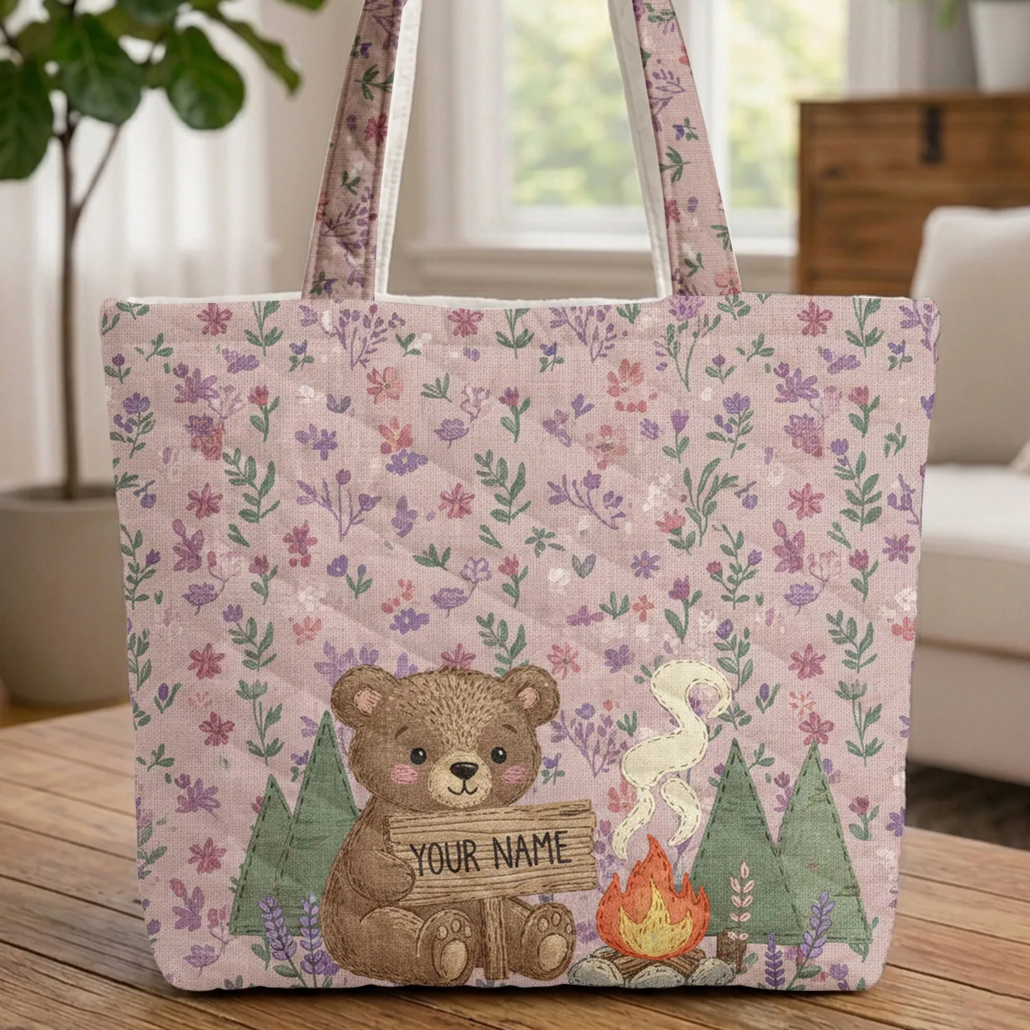 Personalized Bear Cub Campfire Wildflowers - Rustic Wooden Sign Nature Lover Gift Quilted Tote Bag - 1