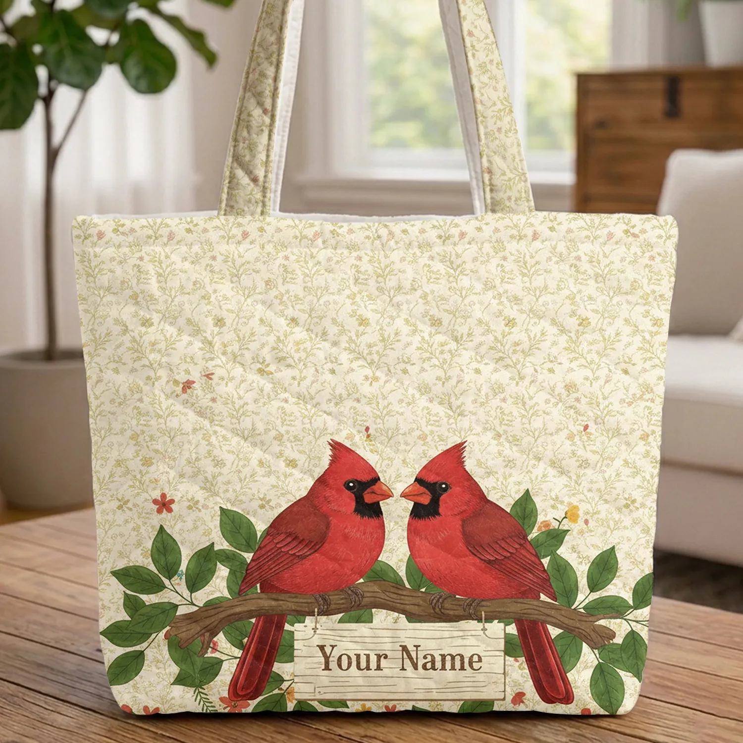 Personalized Cardinals Sign Branch Botanical Leaves Wildlife Gift Quilted Tote Bag - 1