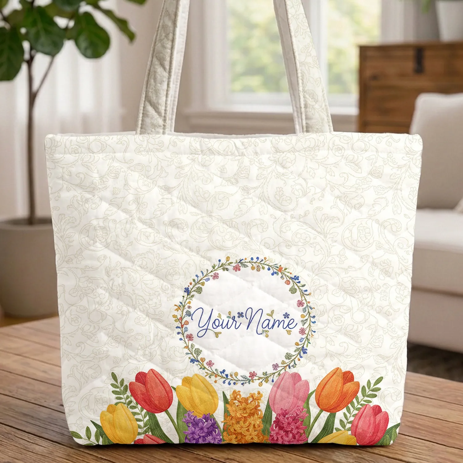 Floral Wreath Name Tulips Hyacinth Flowers Vines - Everyday Tote Gift Quilted Tote Bag - 1