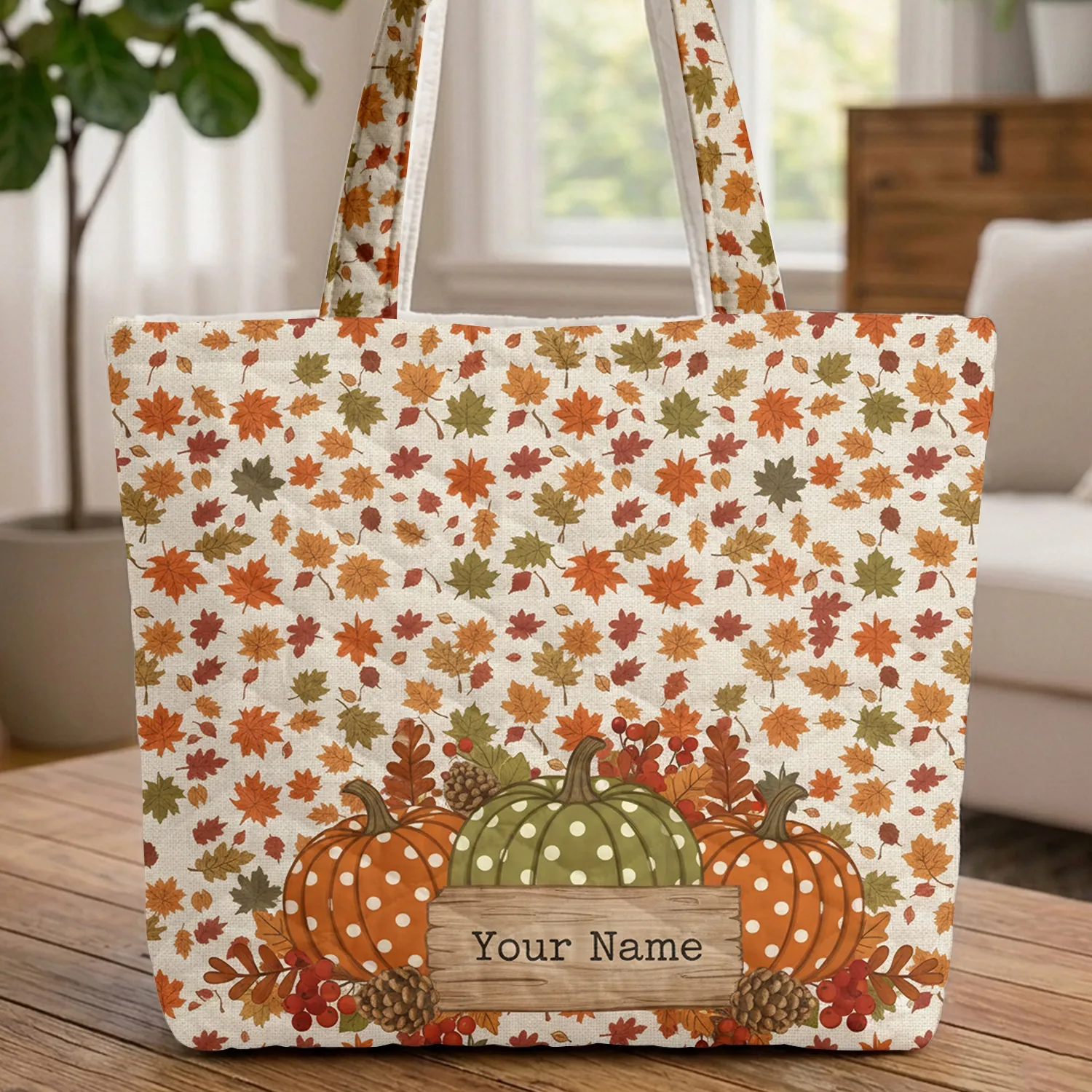 Polka-Dotted Pumpkins Autumn Leaves Rustic Sign - Fall Home Decor Gift Quilted Tote Bag - 1