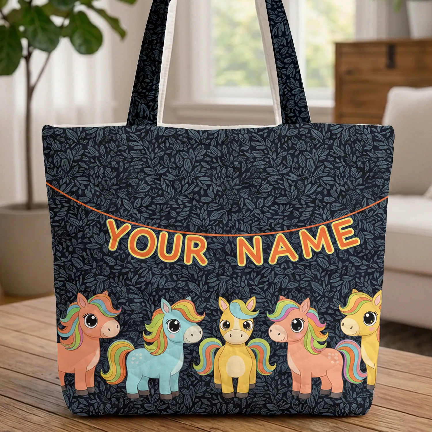 Five Horses Name Flags Leaf Shapes - Horse Lover Everyday Tote Gift for Girl Quilted Tote Bag - 1