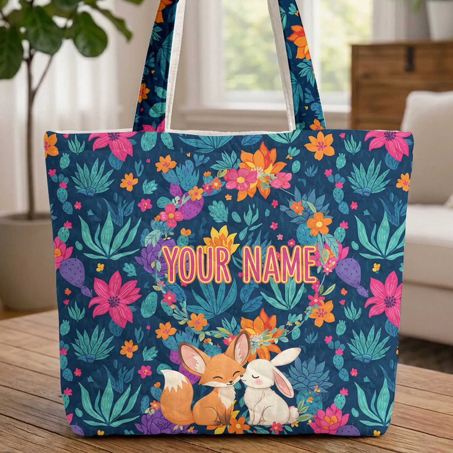 Fennec Fox Bunny Nuzzling Desert Floral Wreath - Wildlife Lover Gift Quilted Tote Bag - 1