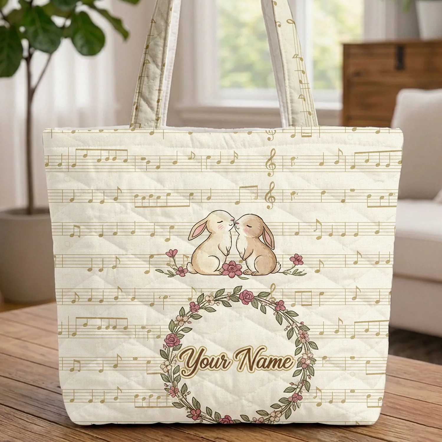 Blush Roses Golden Musical Staves Nuzzling Bunnies Personalized Name - Everyday Carry Gift Quilted Tote Bag - 1