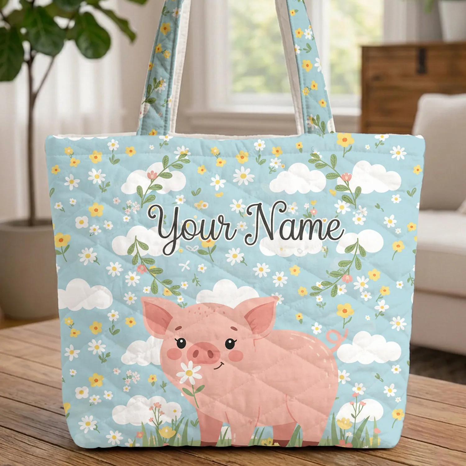 Pink Pig Daisy Buttercups Clouds Wildflowers Floral Wreath - Everyday Tote for Animal Lover Quilted Tote Bag - 1