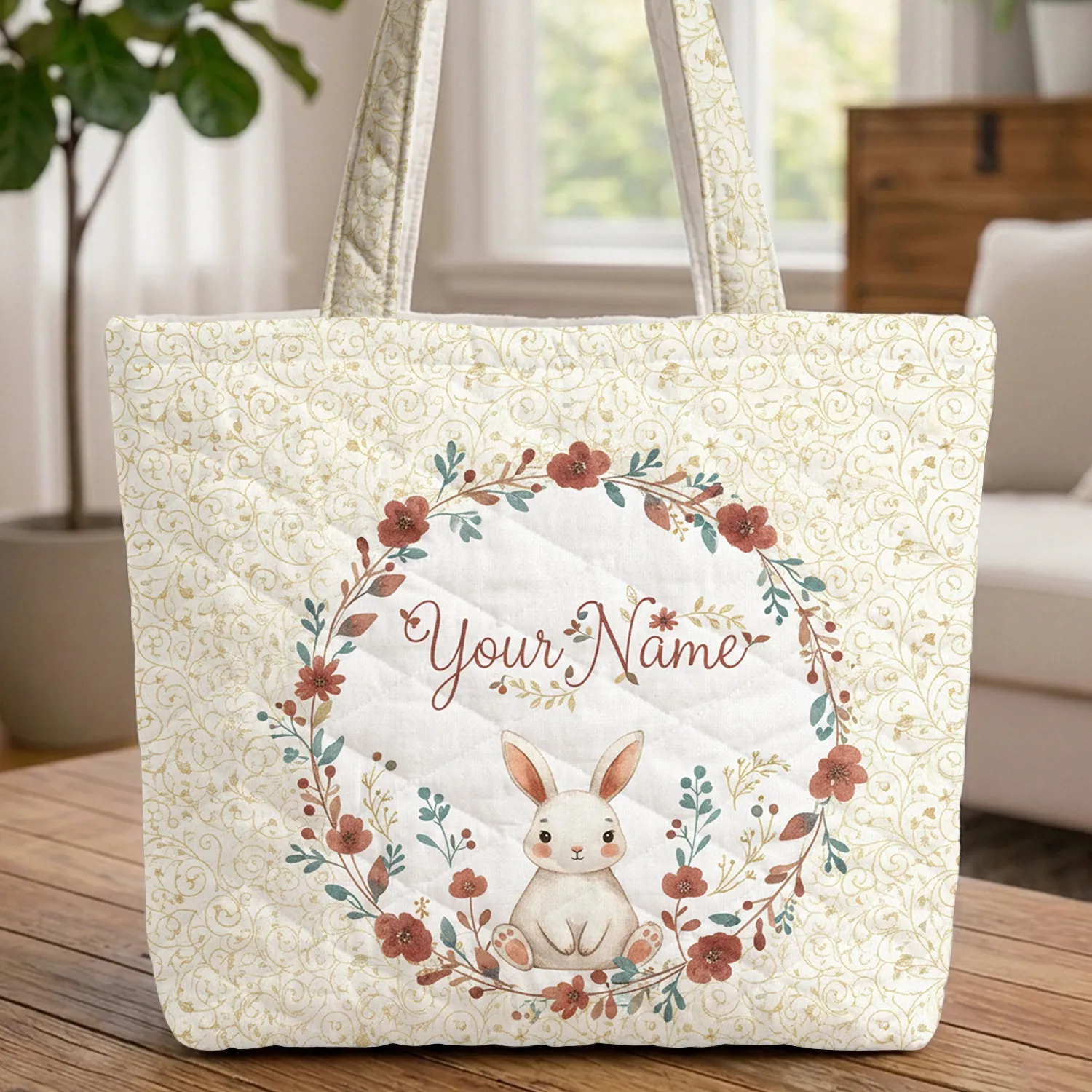 Bunny Wildflower Berry Floral Wreath - Personalized Daily Tote for Rabbit Lover Gift Quilted Tote Bag - 1